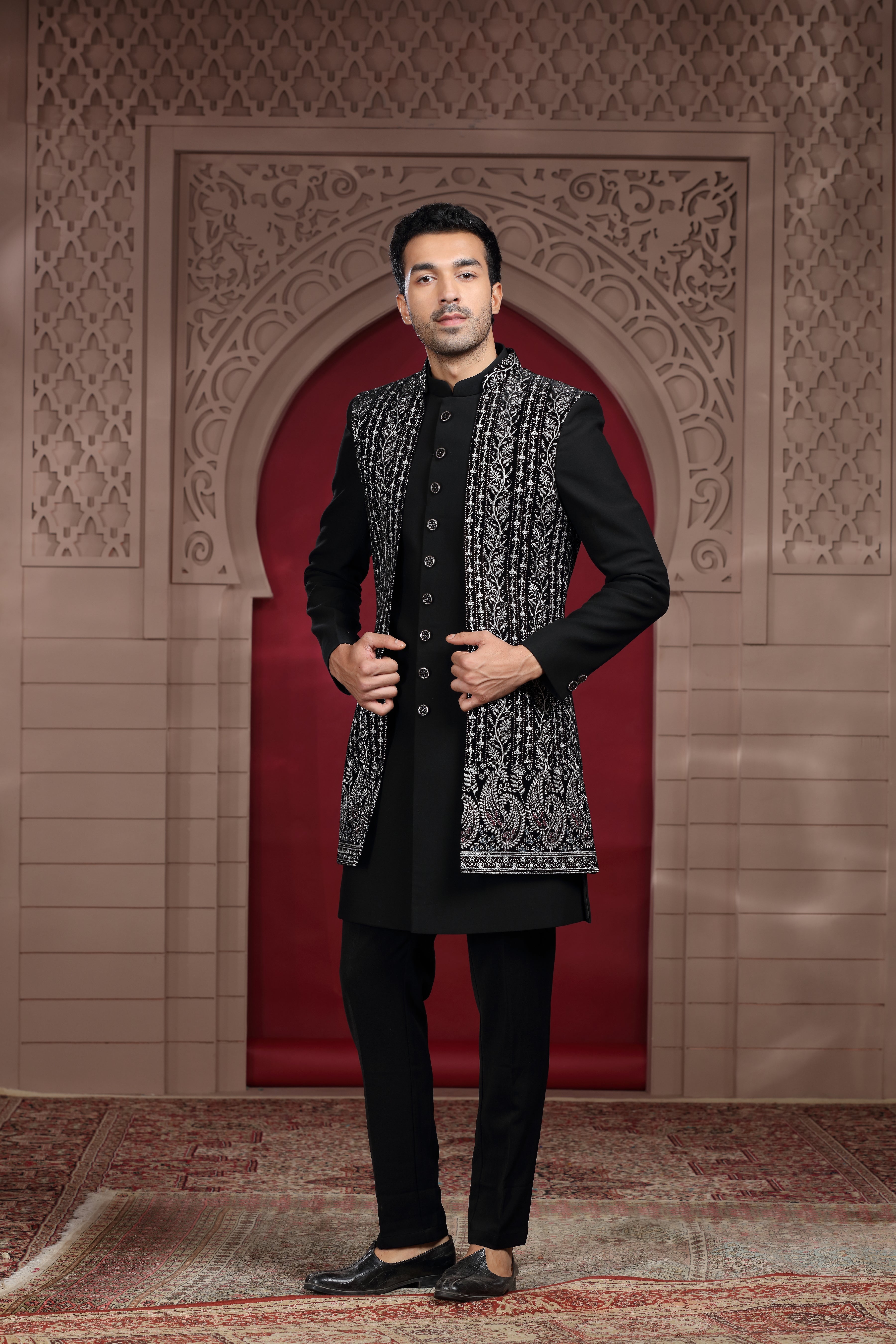 Black Silk Indo Western with Aari, Zardosi & Sequence Work