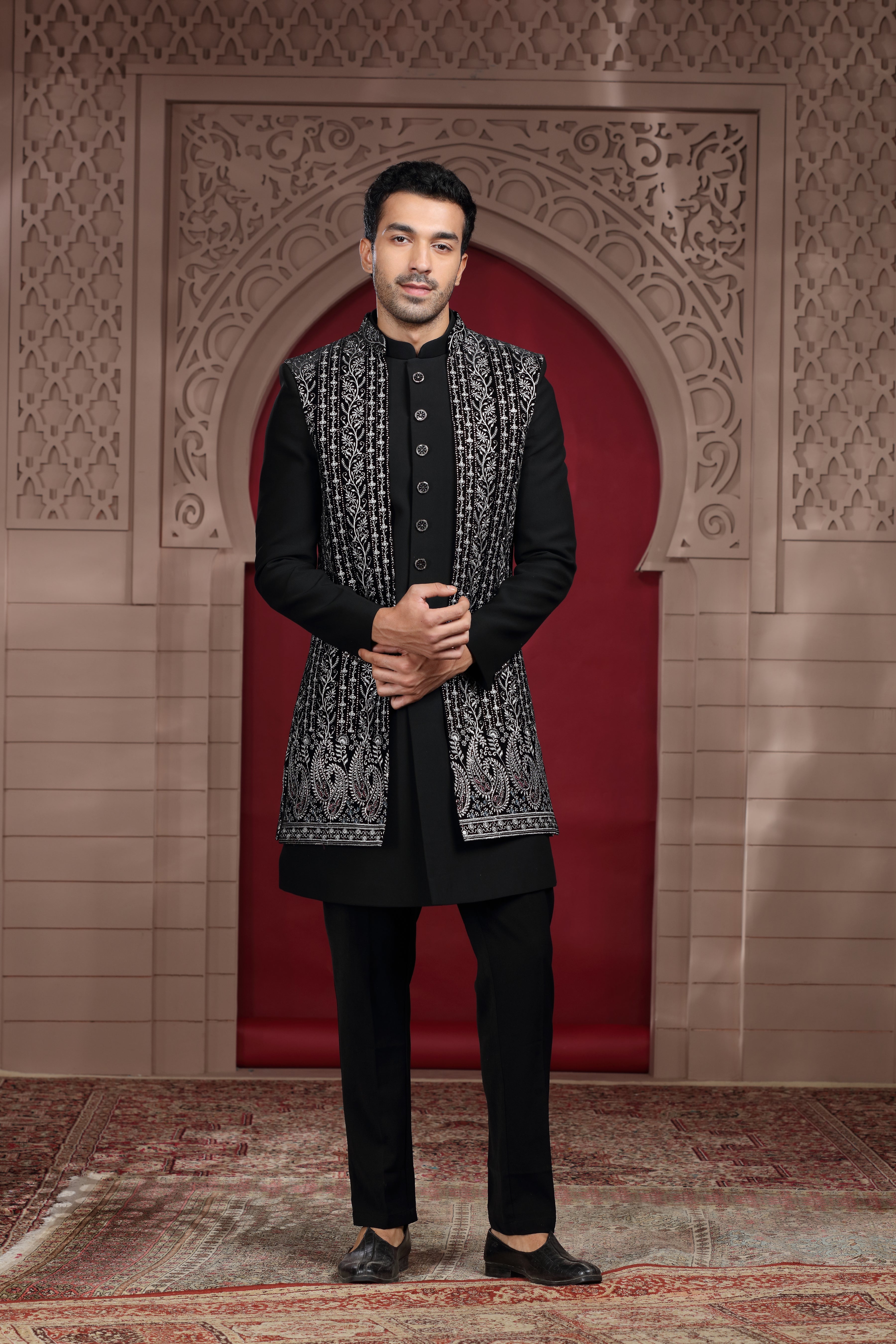 Black Silk Indo Western with Aari, Zardosi & Sequence Work