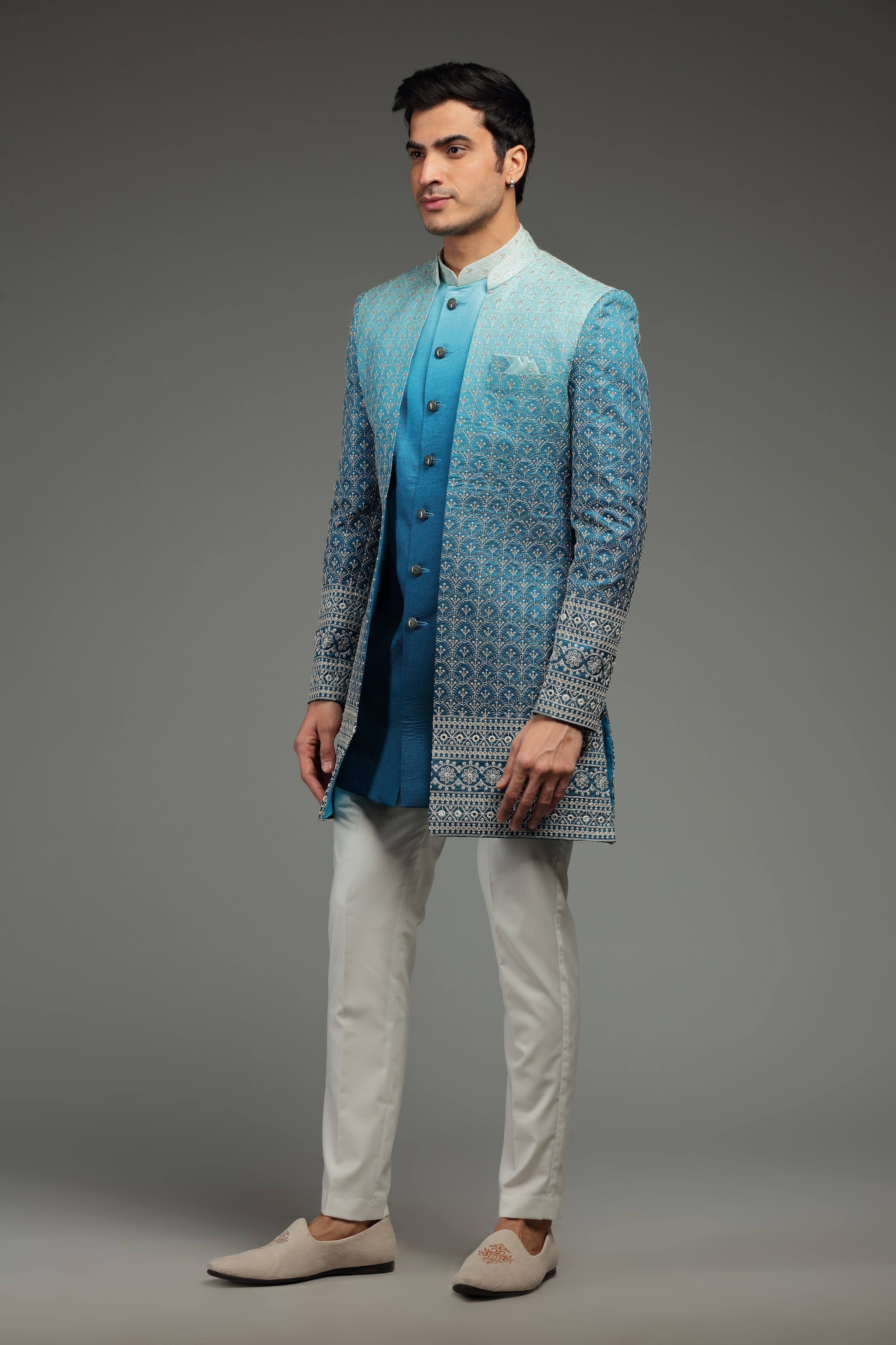 Blue Ombre Open Jacket Kurta Set with All-Over Embroidery - Shreeman