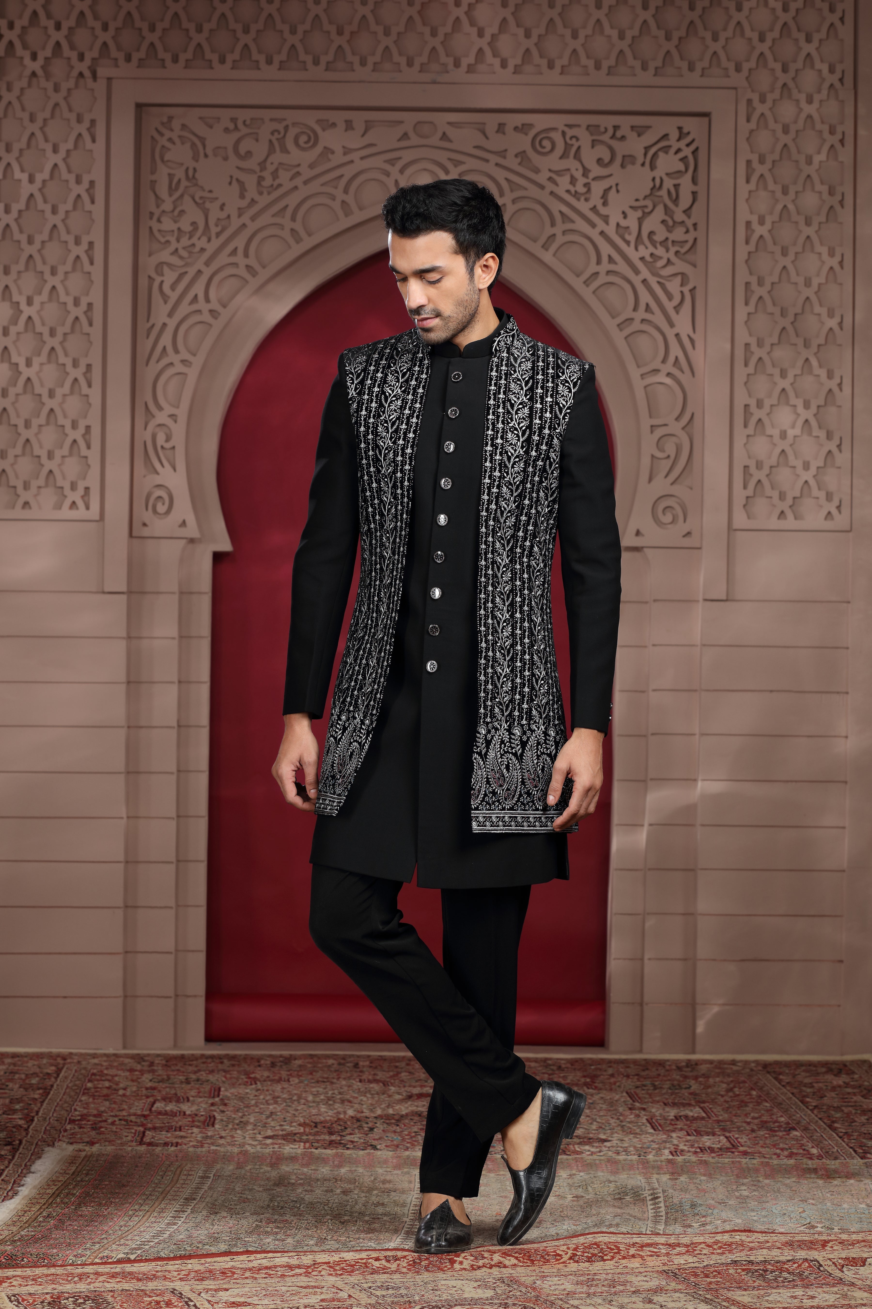 Black Silk Indo Western with Aari, Zardosi & Sequence Work