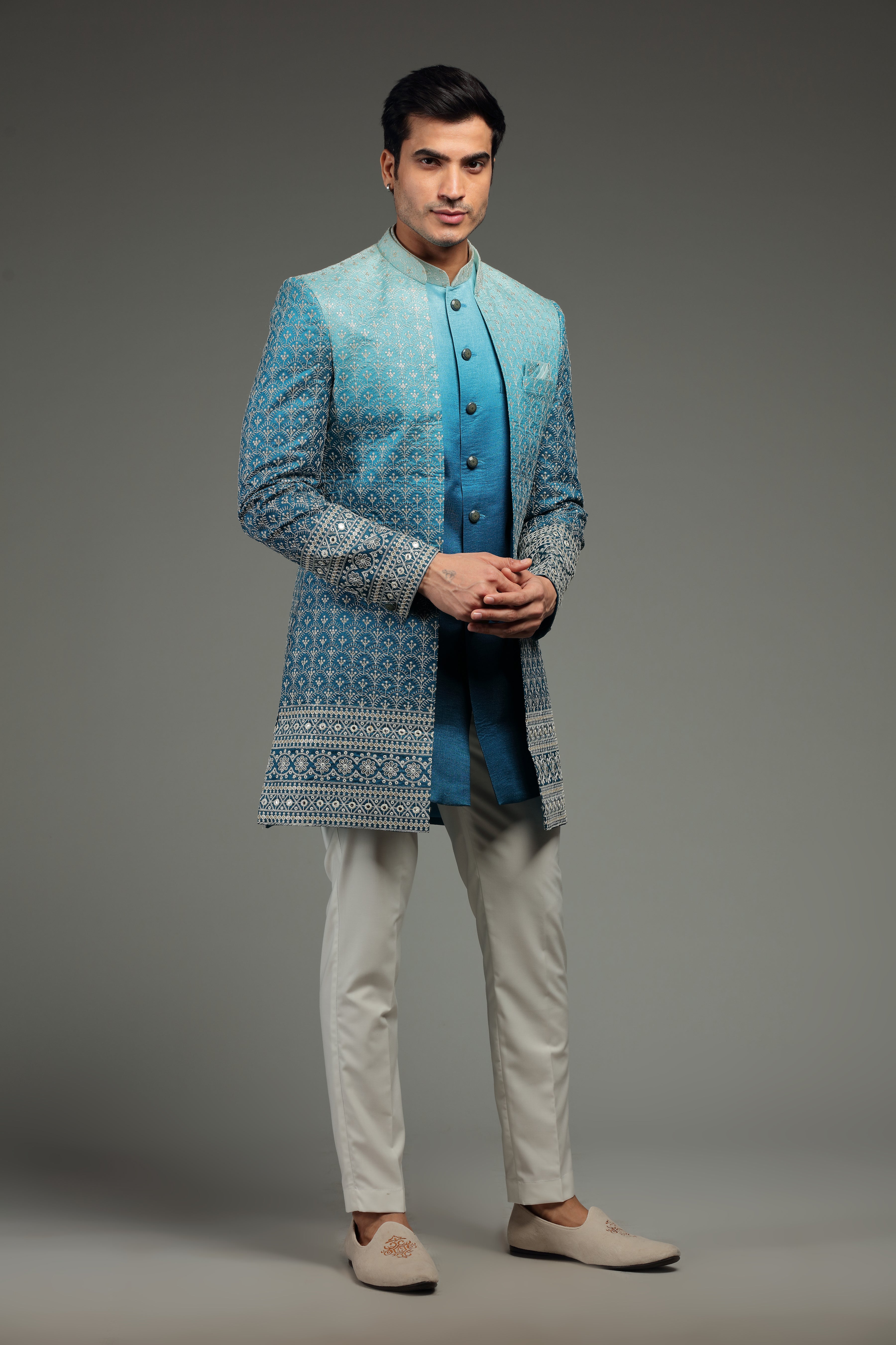 Blue Ombre Open Jacket Kurta Set with All-Over Embroidery - Shreeman