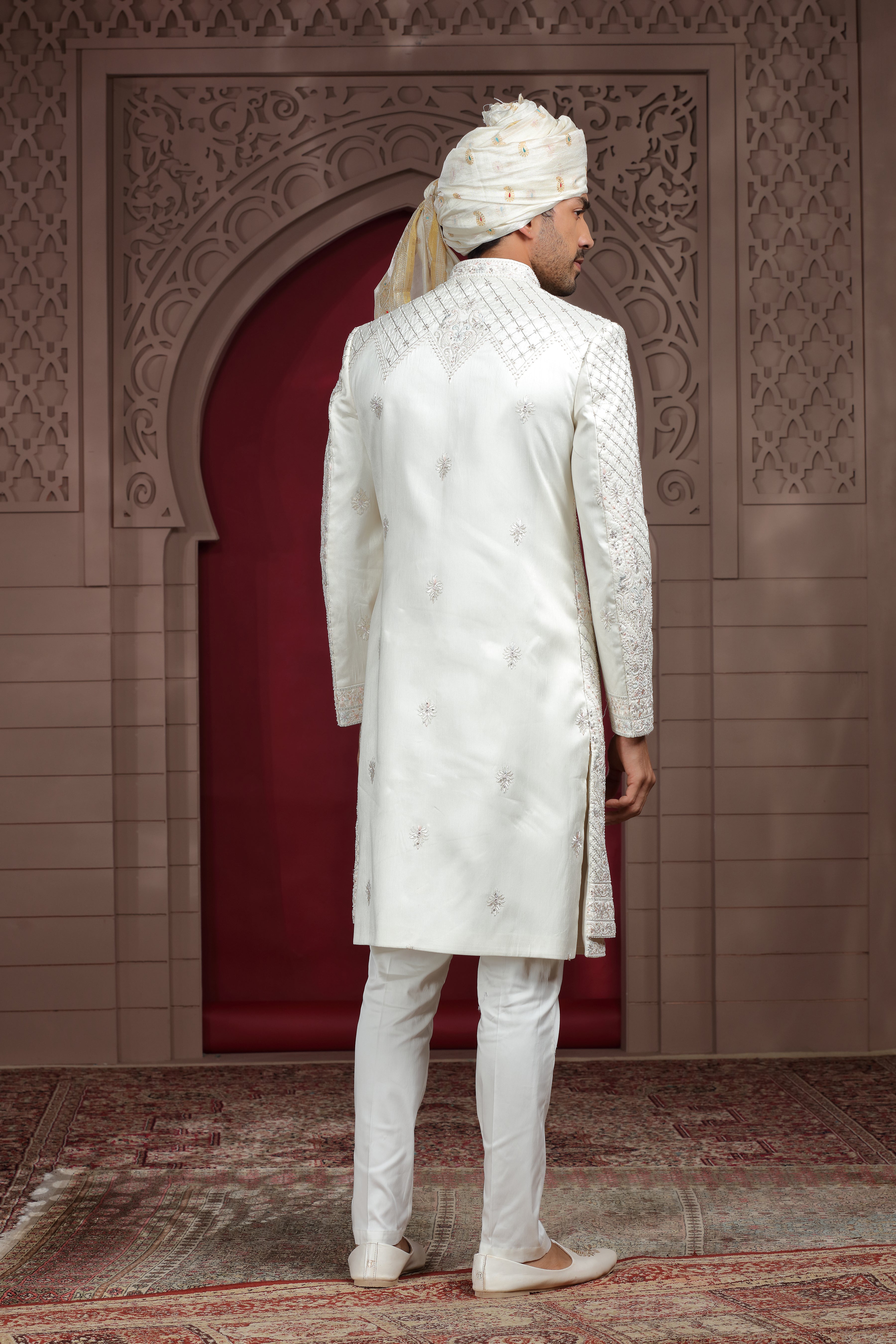 Off White Raw Silk Sherwani with Aari, Thread & Pearl Work