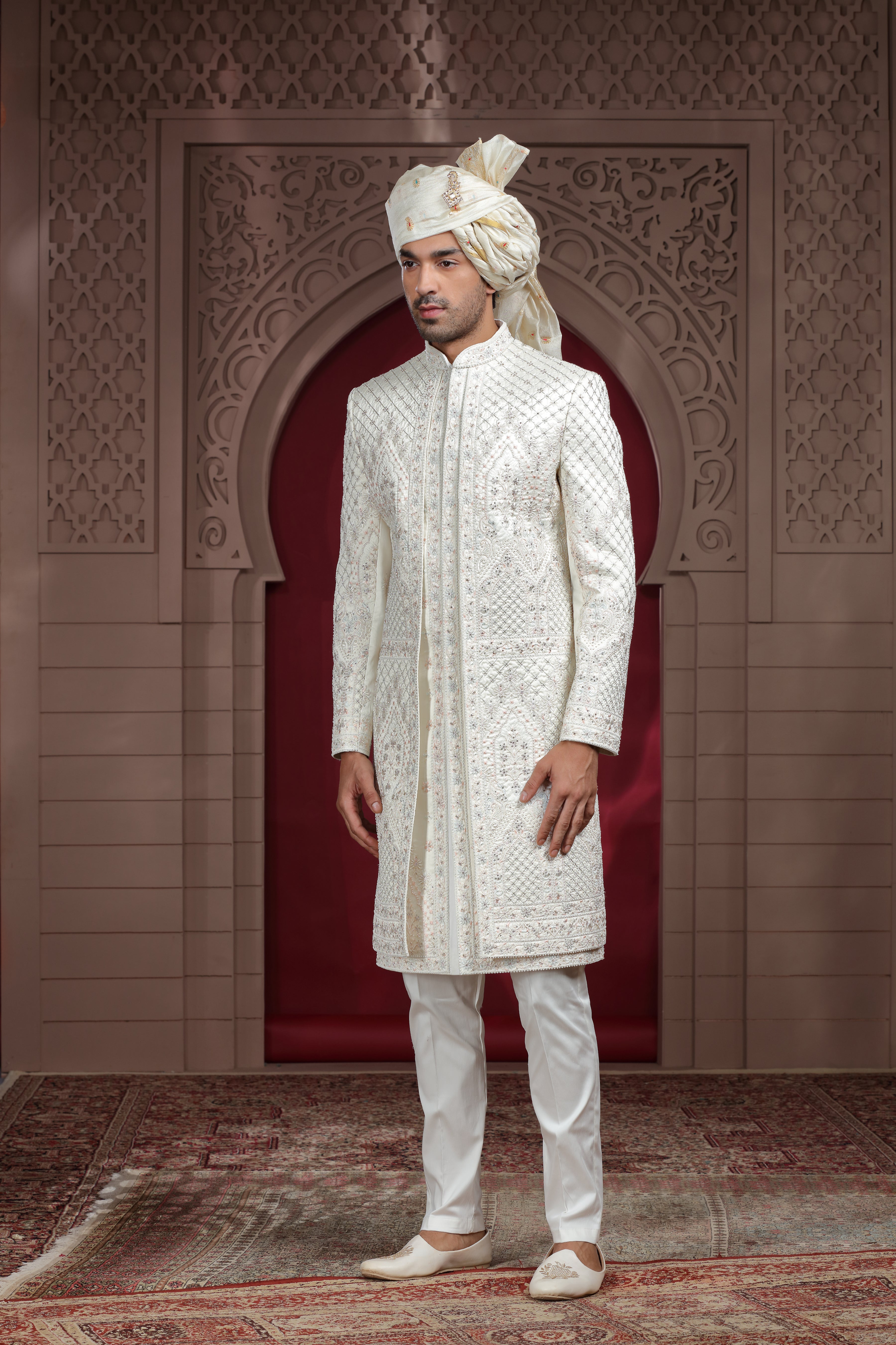 Off White Raw Silk Sherwani with Aari, Thread & Pearl Work