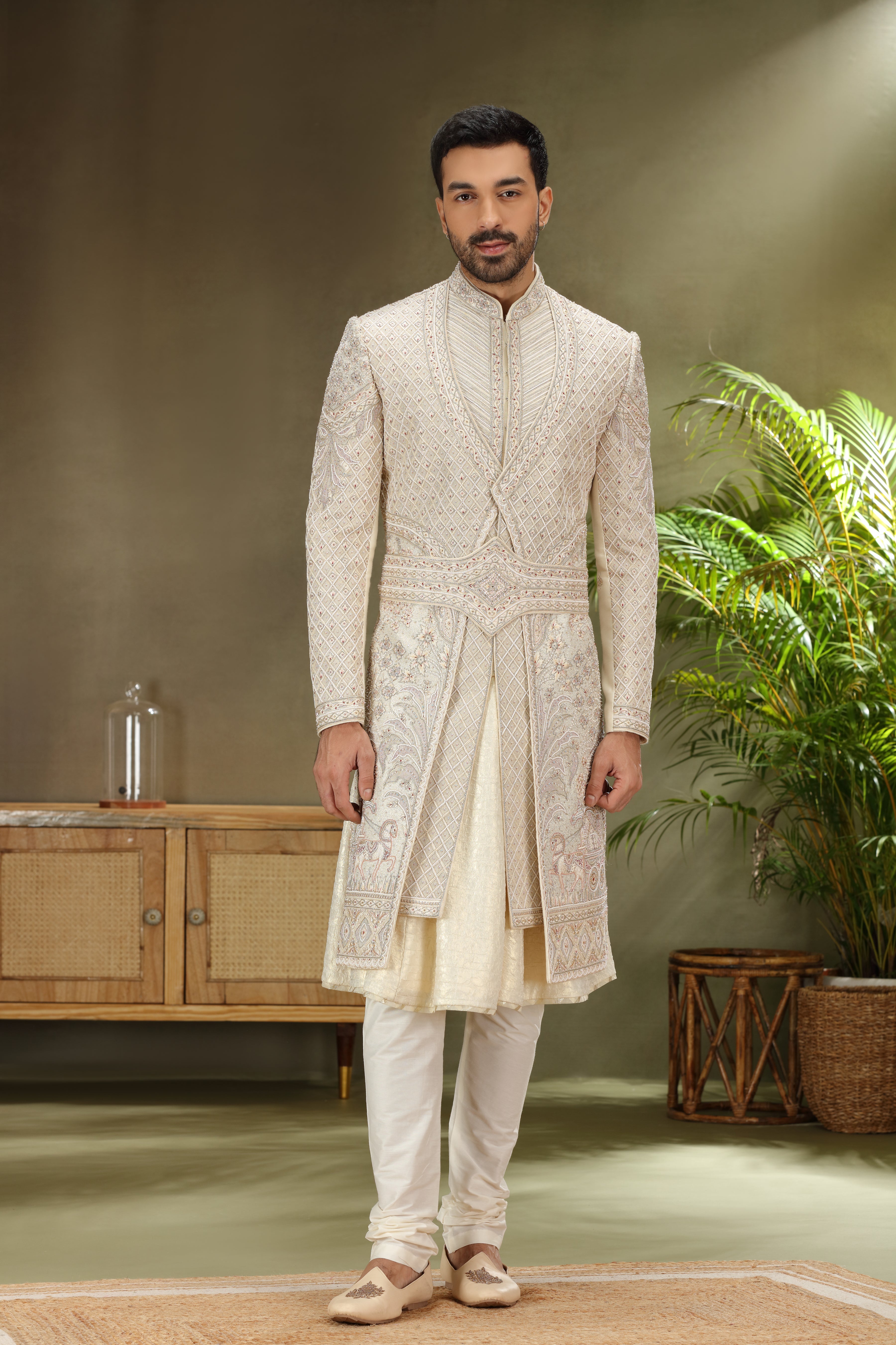 Light Cream Silk Sherwani with Resham Aari  Zardoshi Work