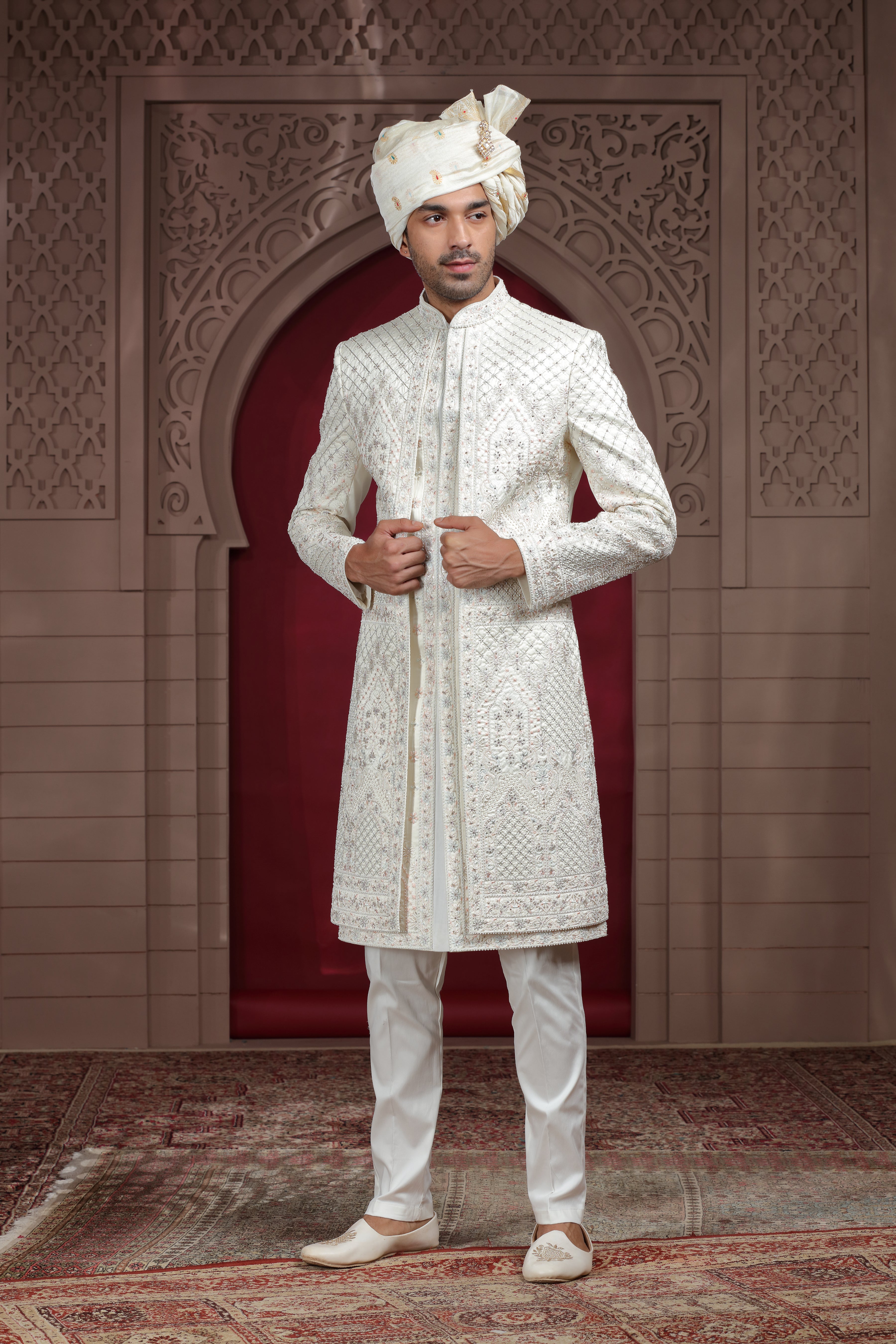 Off White Raw Silk Sherwani with Aari, Thread & Pearl Work