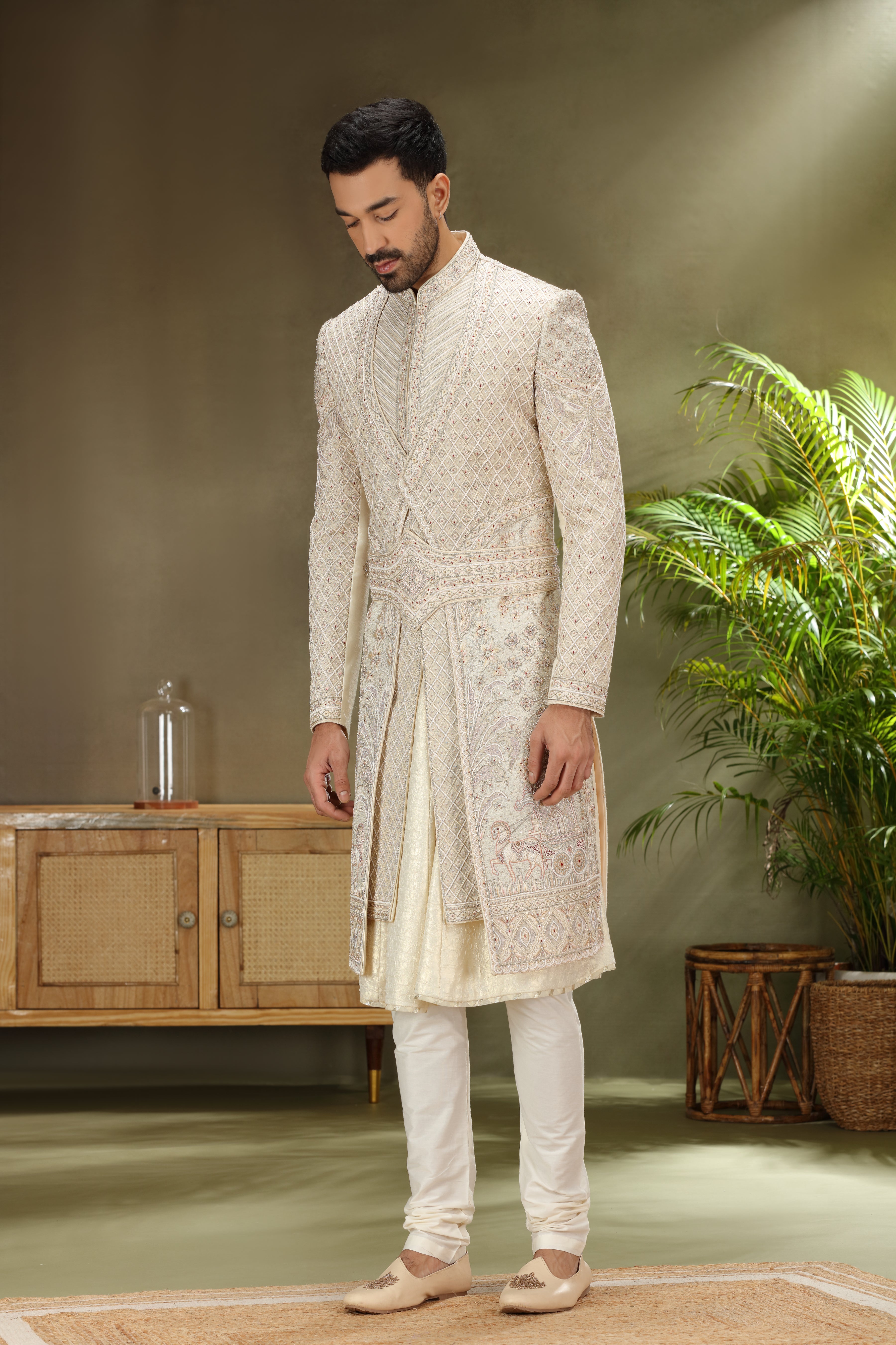Light Cream Silk Sherwani with Resham Aari  Zardoshi Work