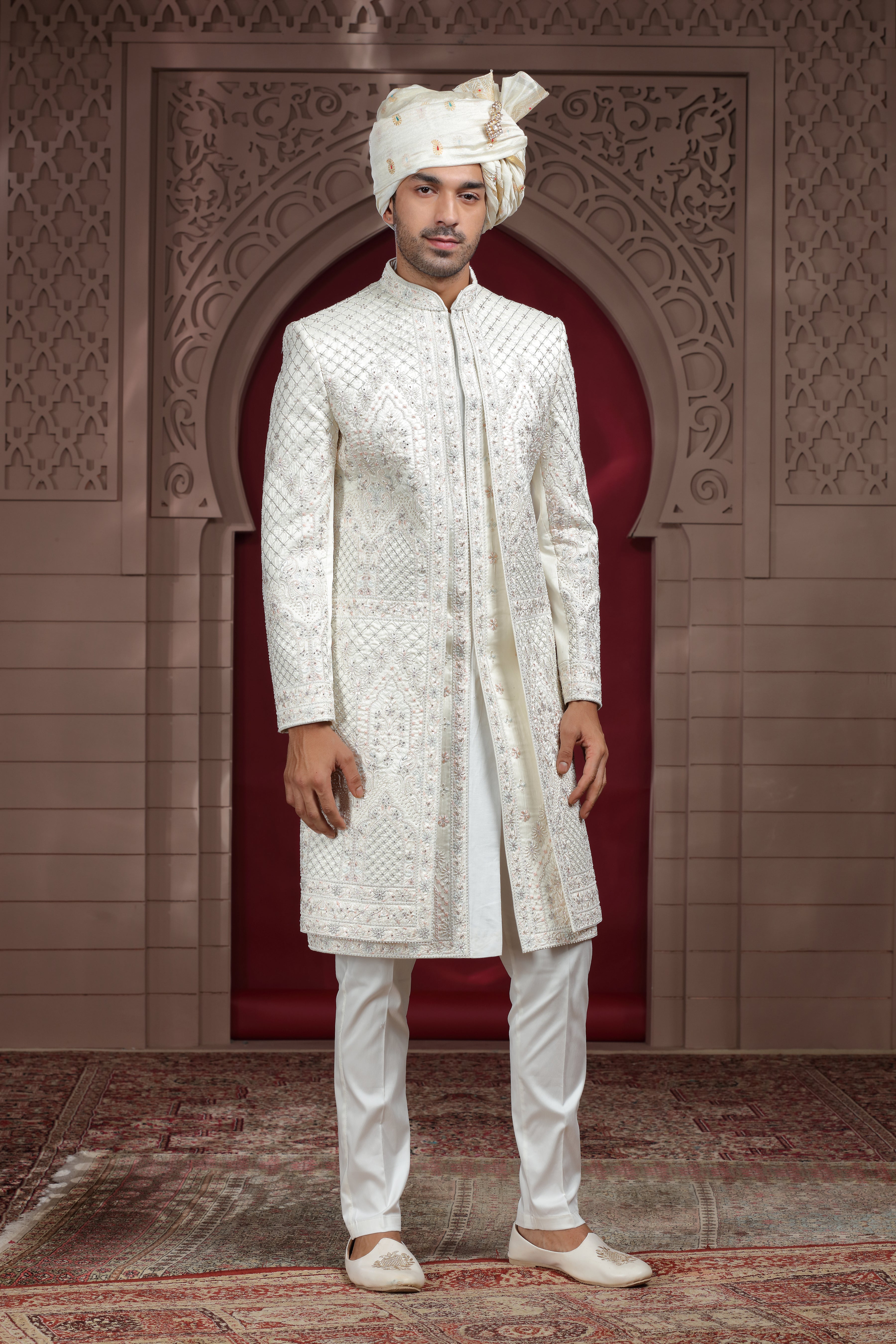 Off White Raw Silk Sherwani with Aari, Thread & Pearl Work