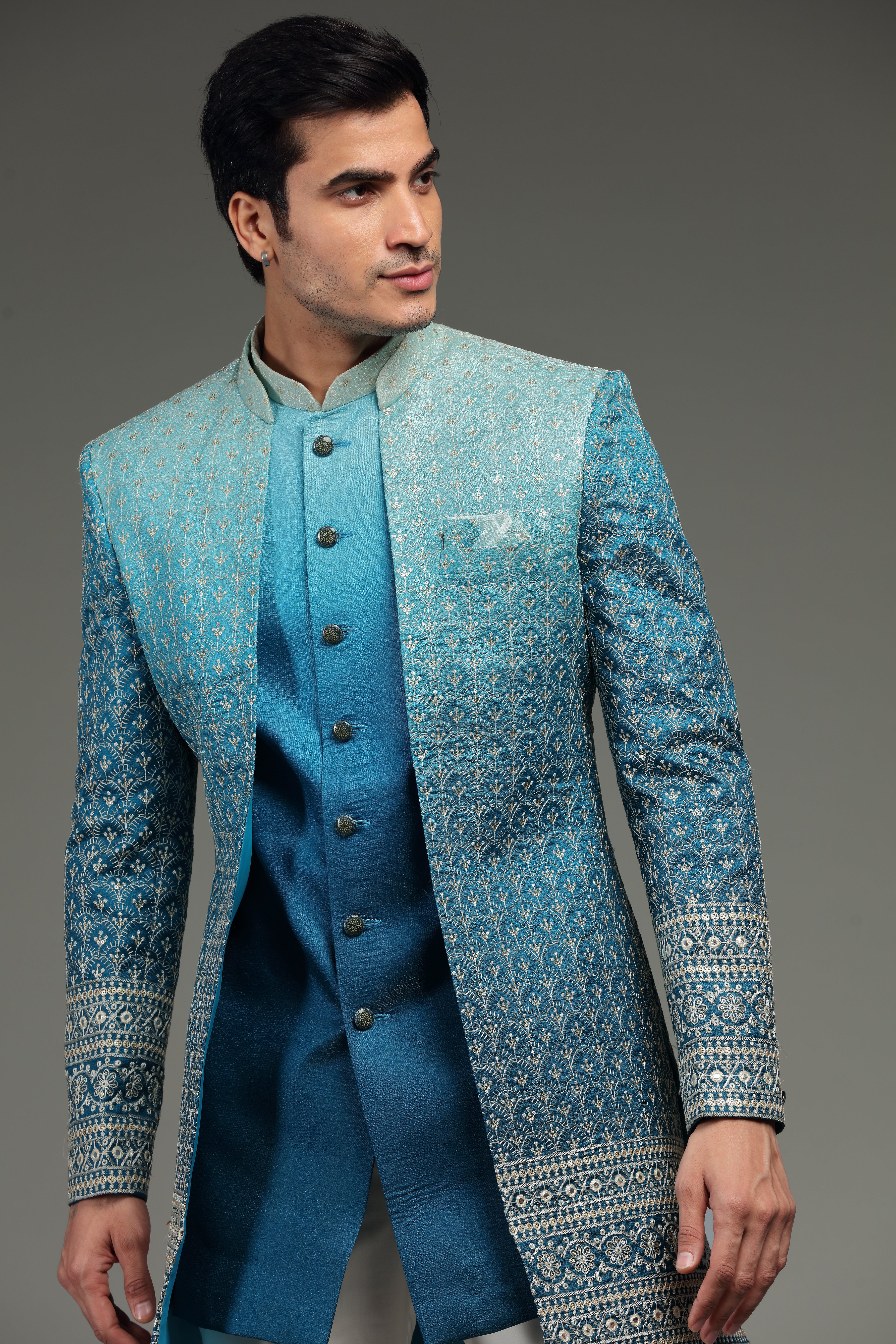 Blue Ombre Open Jacket Kurta Set with All-Over Embroidery - Shreeman