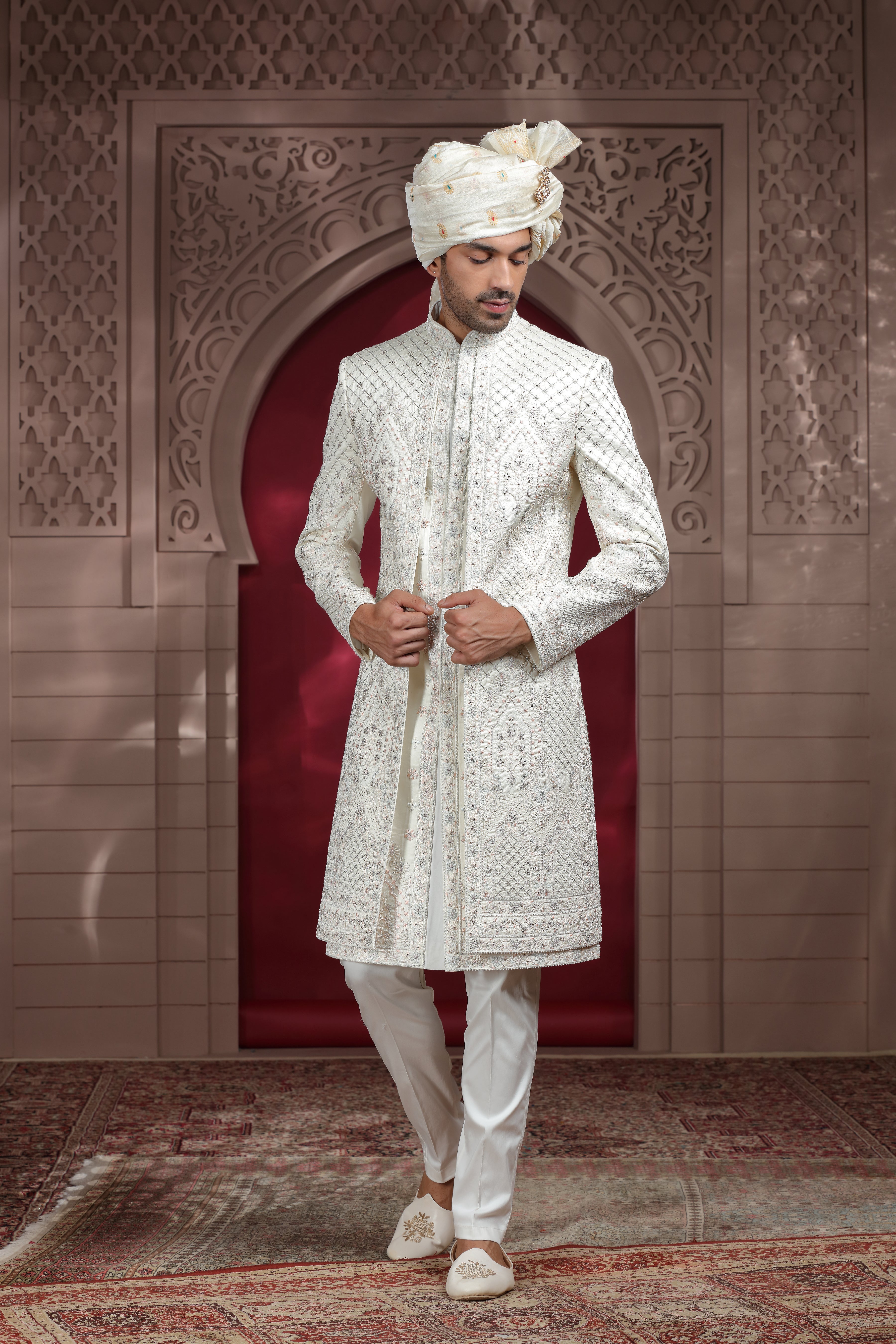 Off White Raw Silk Sherwani with Aari, Thread Pearl Work (S) 36 White