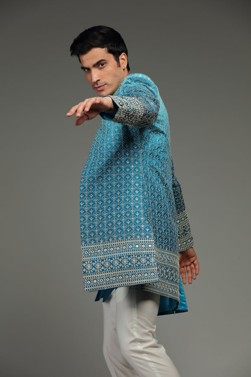 Blue Ombre Open Jacket Kurta Set with All-Over Embroidery