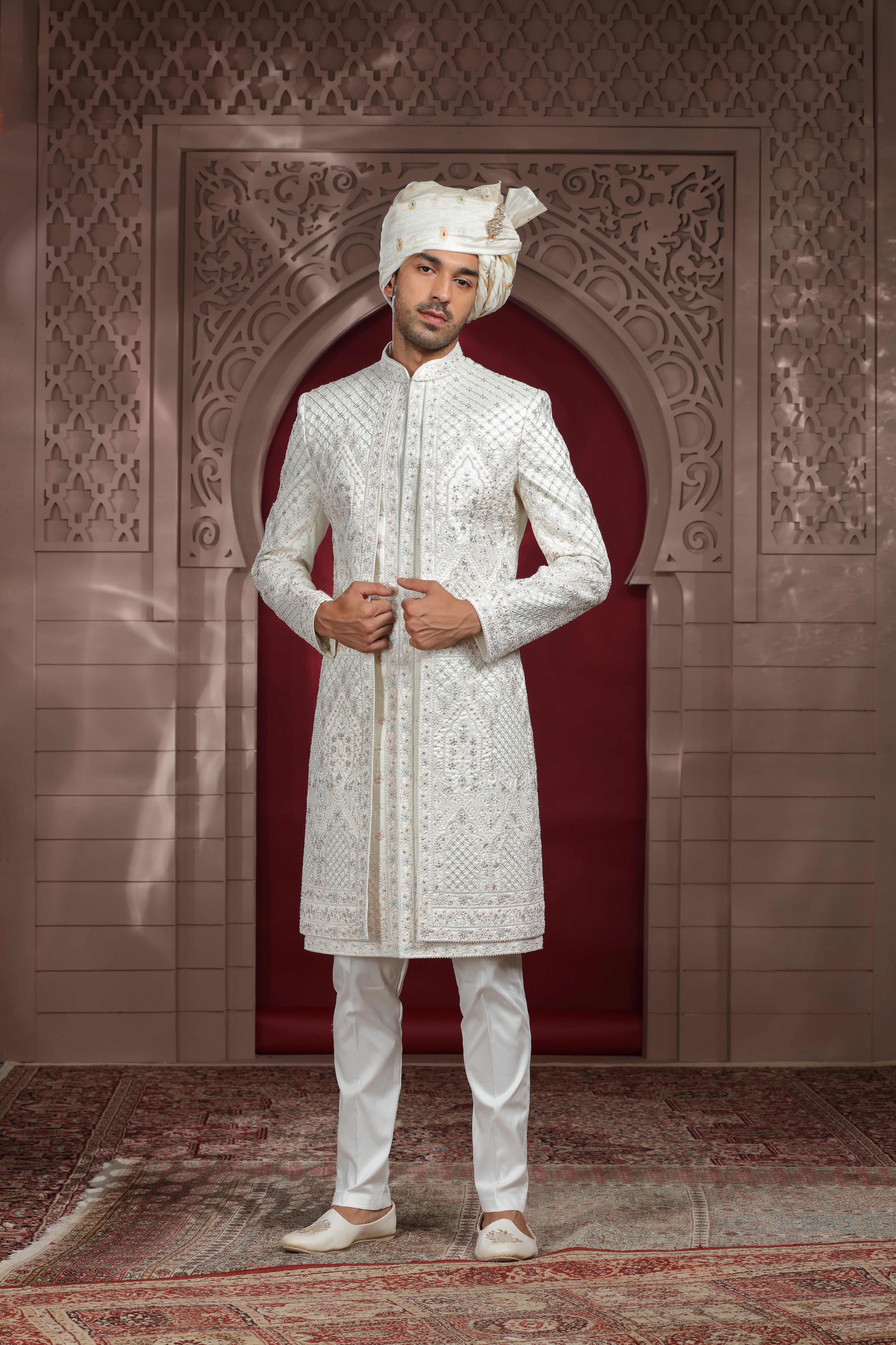 Off White Raw Silk Sherwani with Aari, Thread & Pearl Work