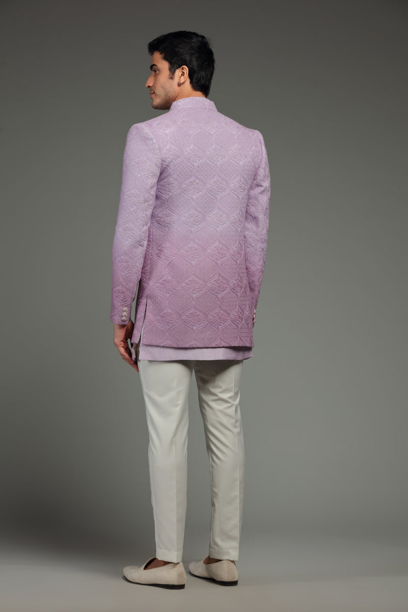 Lilac Ombre Silk Jacket Set With Traditional Motifs