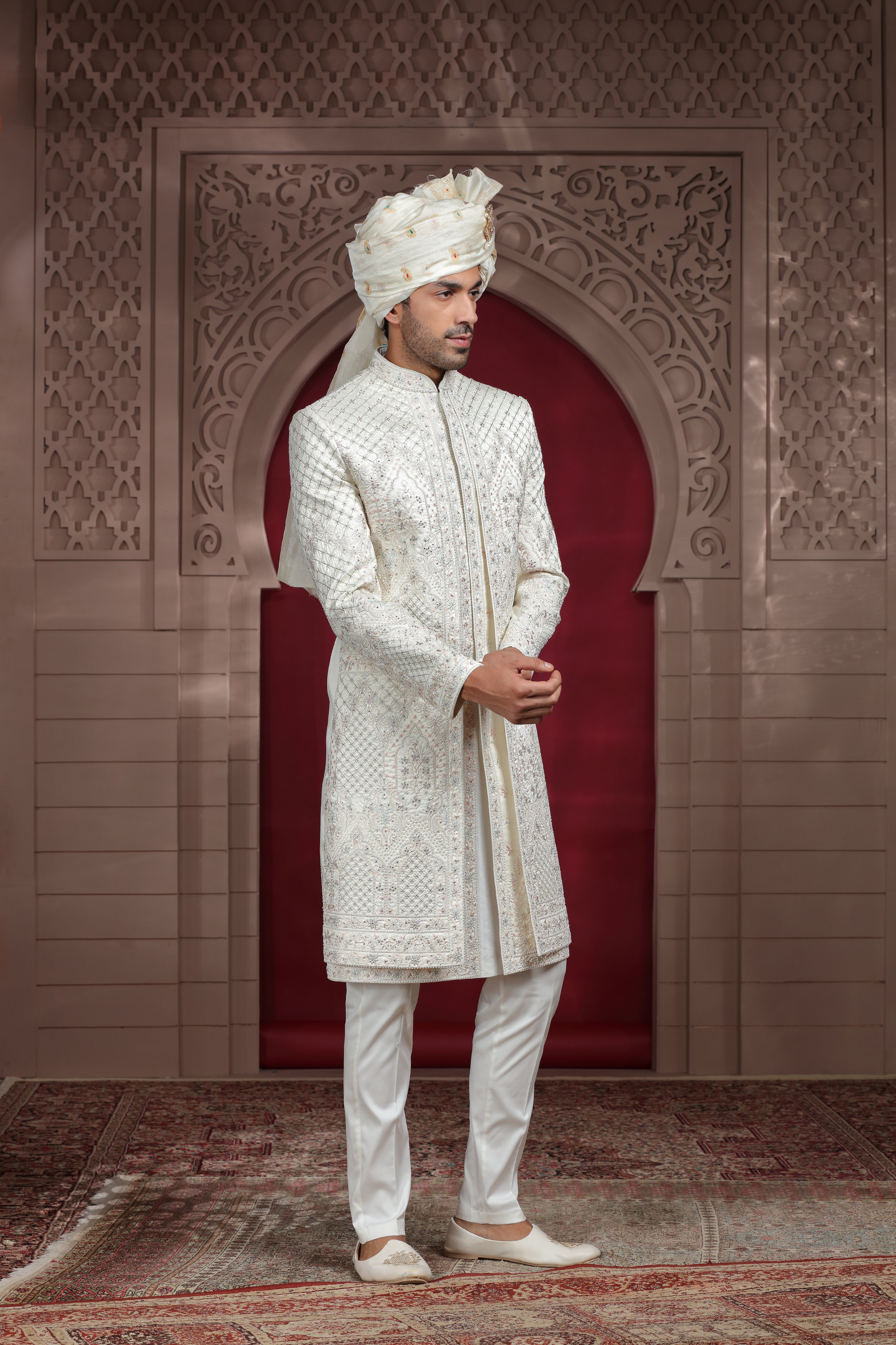 Off White Raw Silk Sherwani with Aari, Thread & Pearl Work