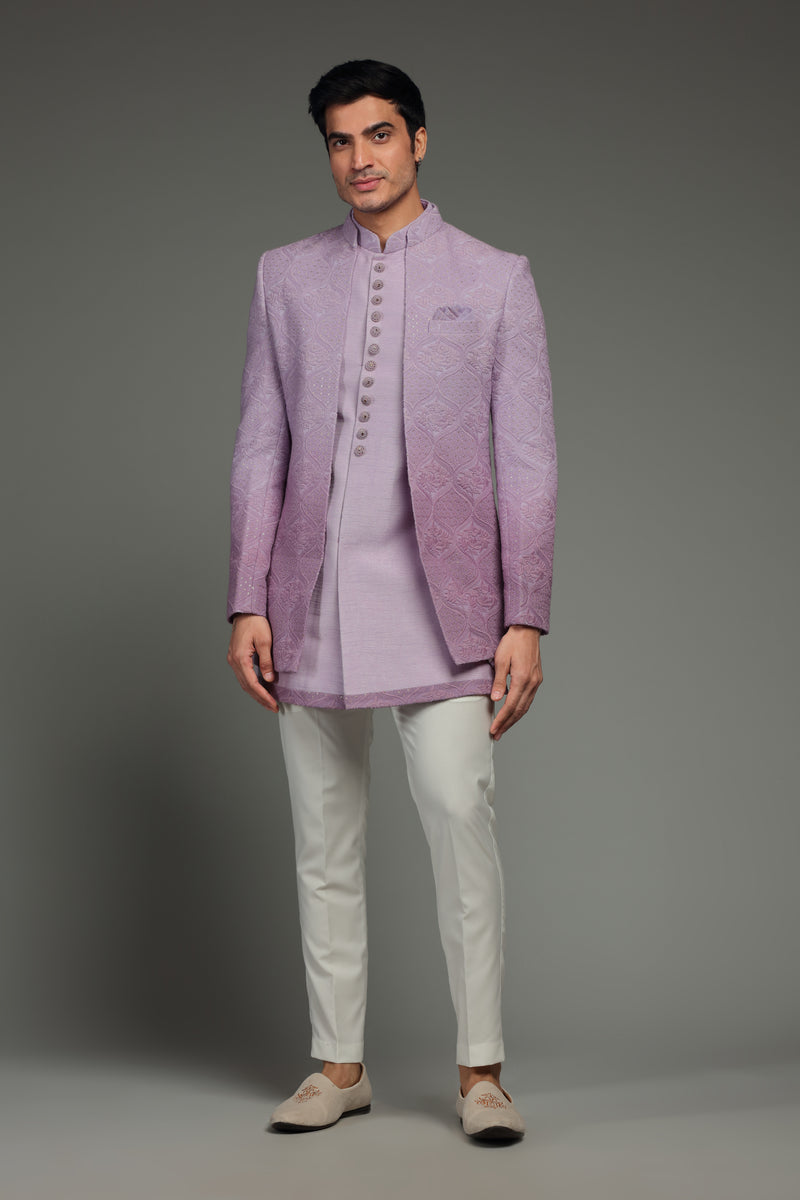 Lilac Ombre Silk Jacket Set With Traditional Motifs