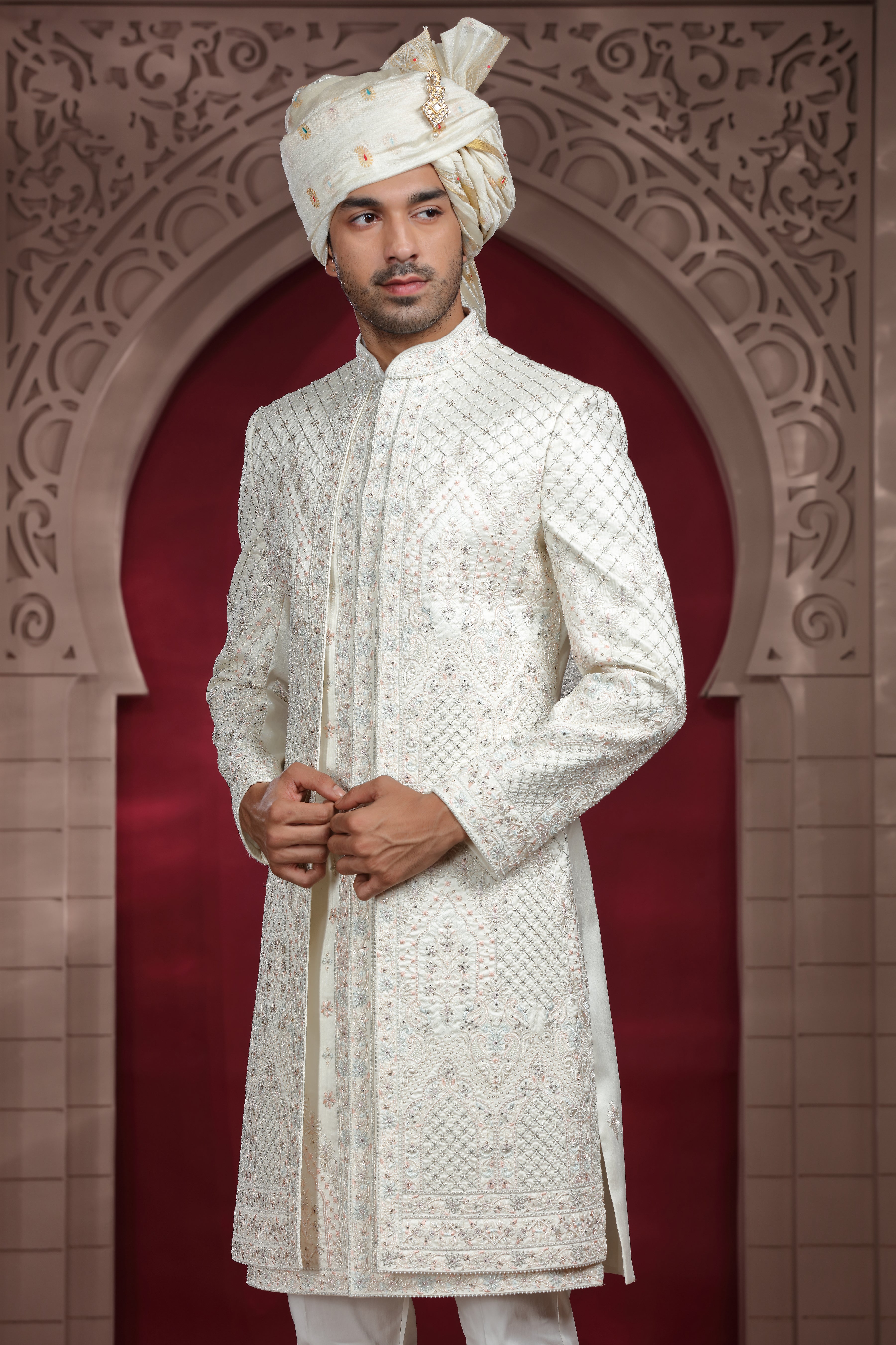 Off White Raw Silk Sherwani with Aari, Thread & Pearl Work