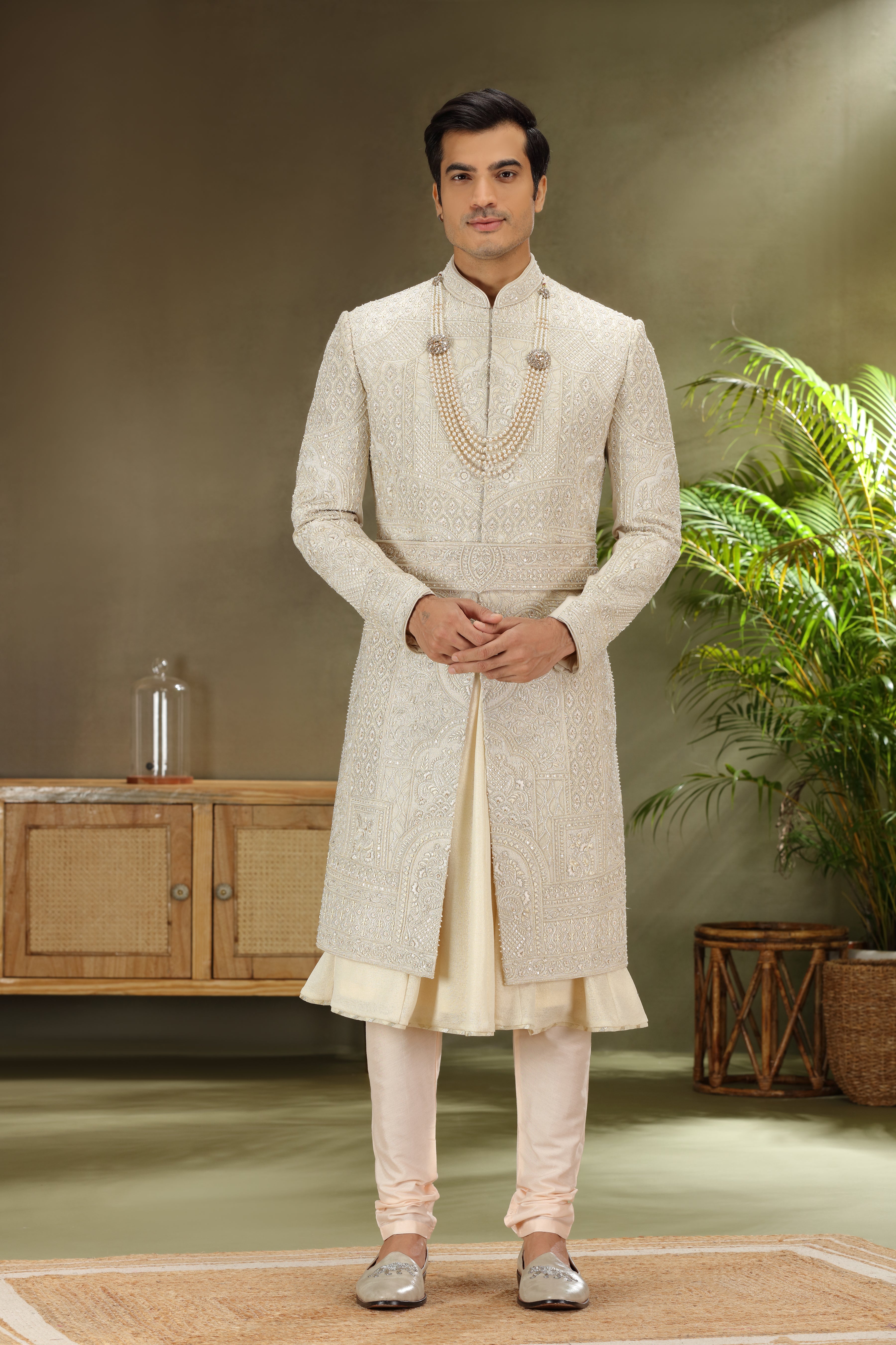 Feon Cream Silk Sherwani with Resham Zardoshi, Pearl Work