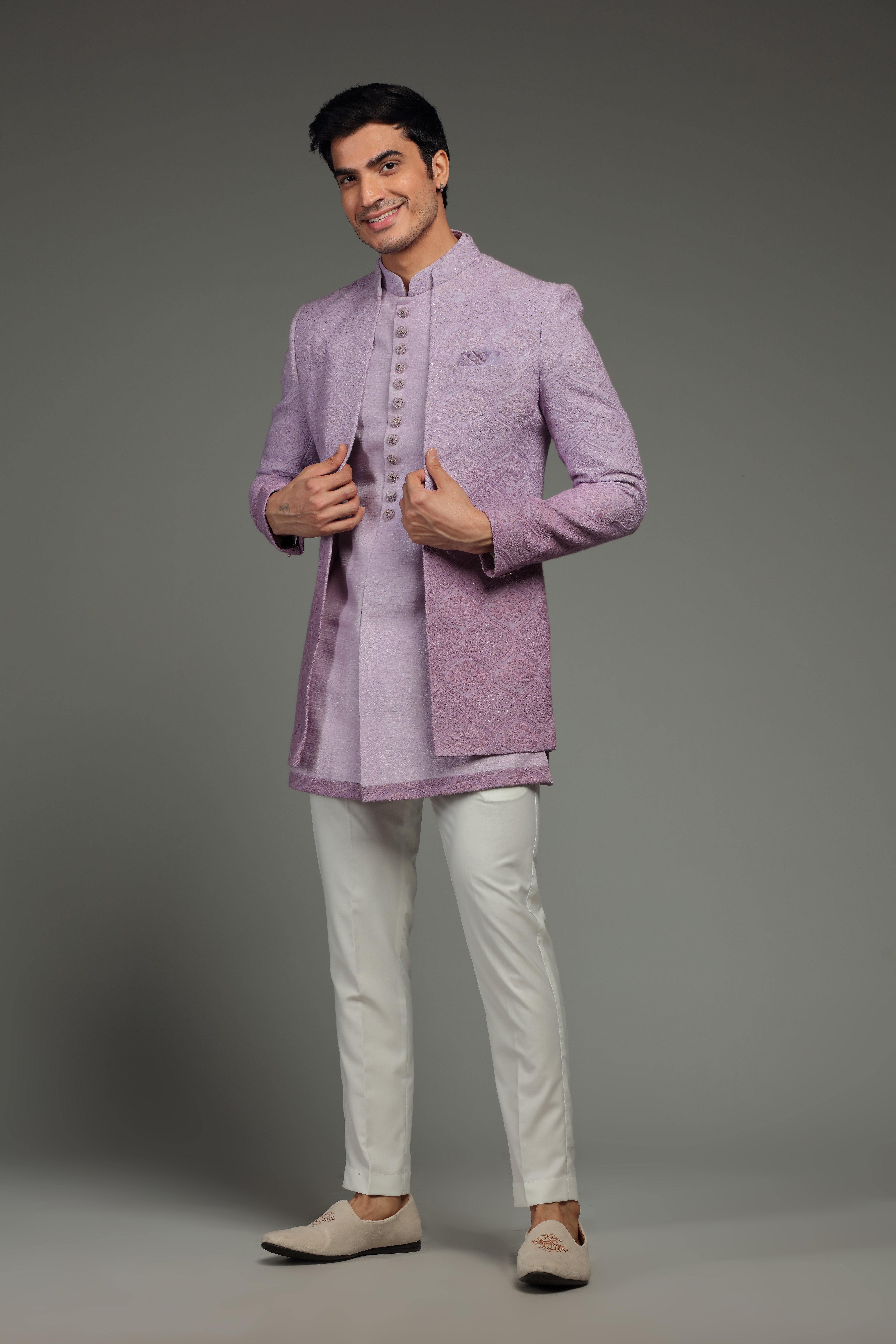 Lilac Ombre Silk Jacket Set With Traditional Motifs - Shreeman