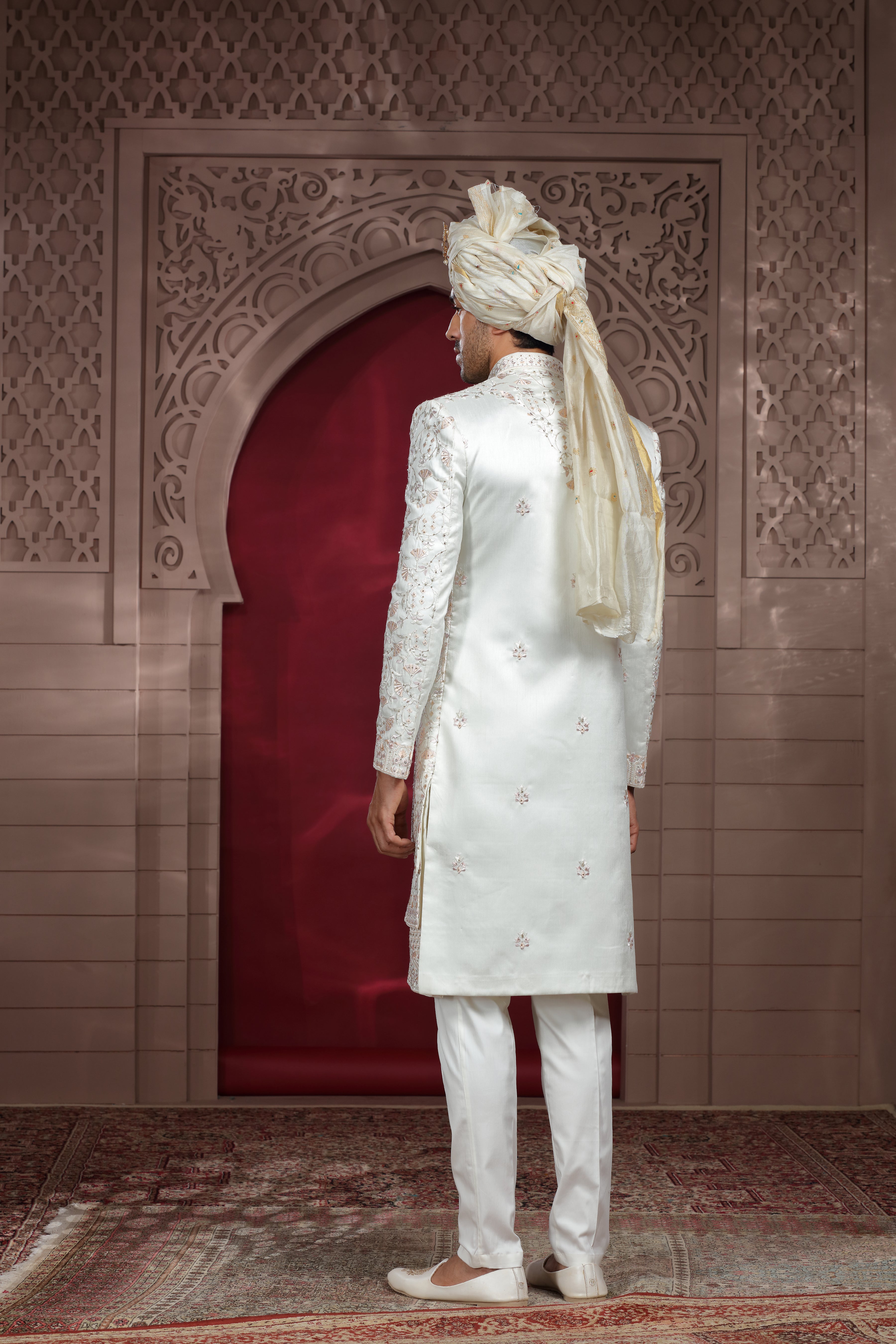 Off White Raw Silk Sherwani with Aari & Bead Work