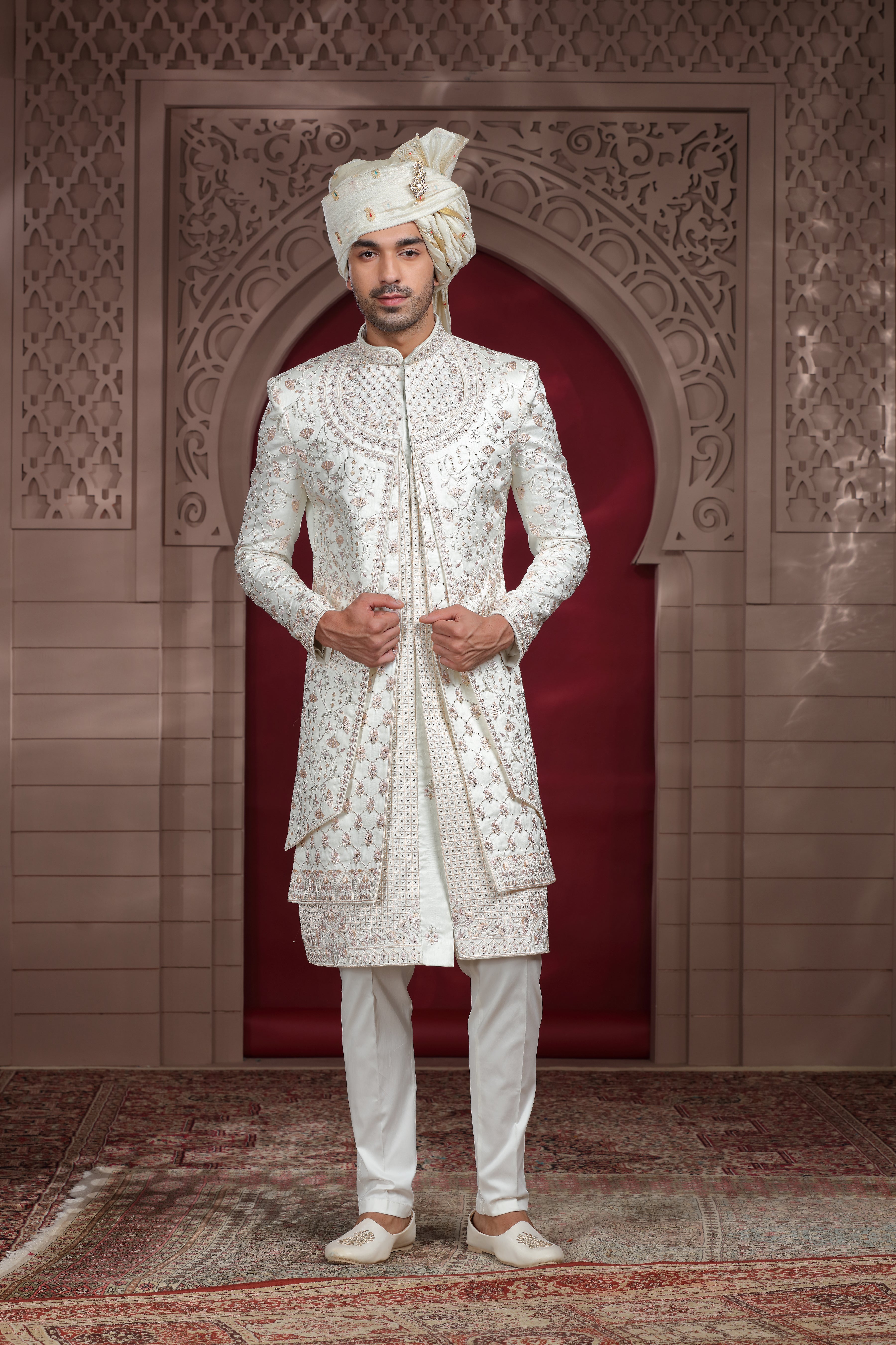 Off White Raw Silk Sherwani with Aari & Bead Work