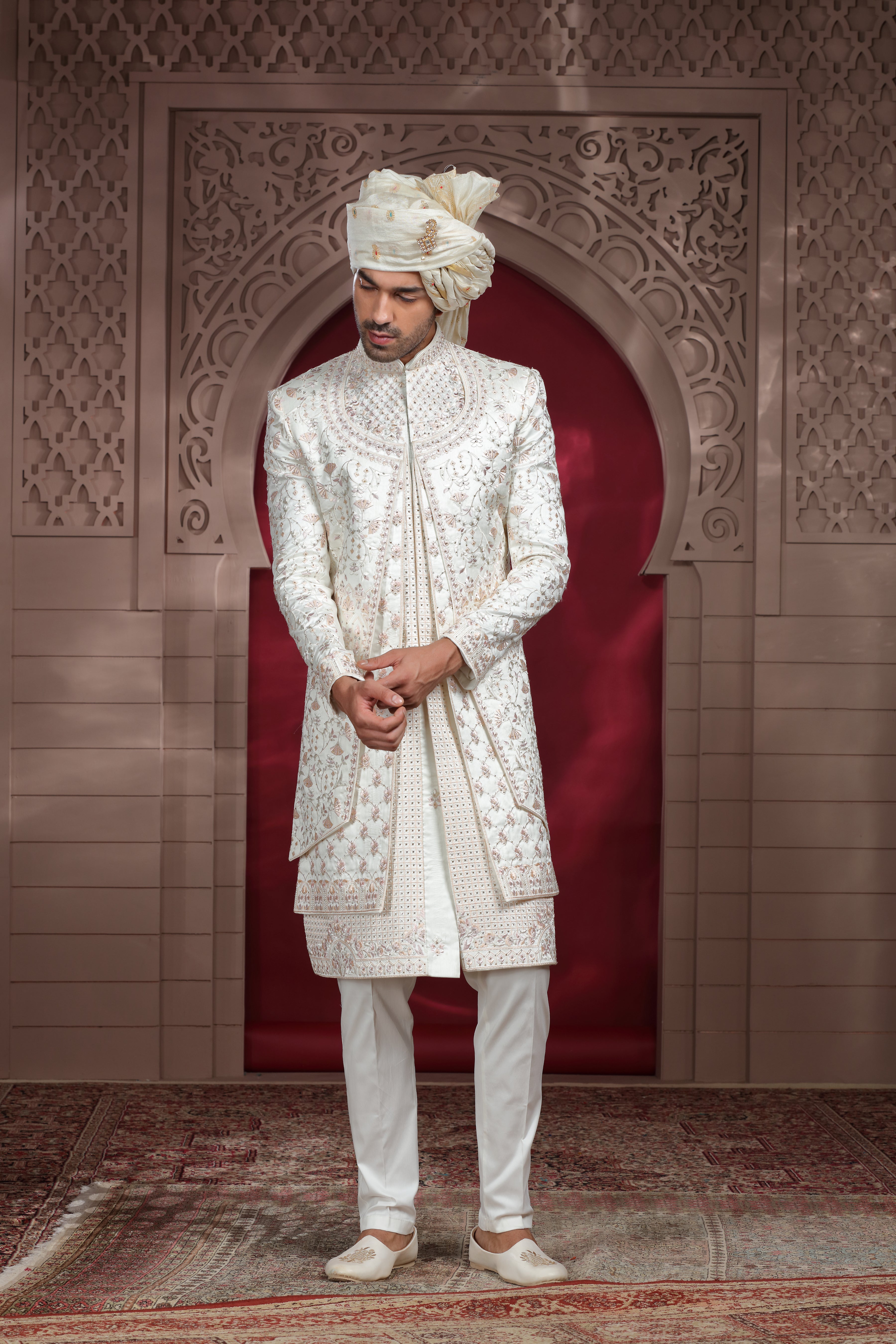 Off White Raw Silk Sherwani with Aari & Bead Work