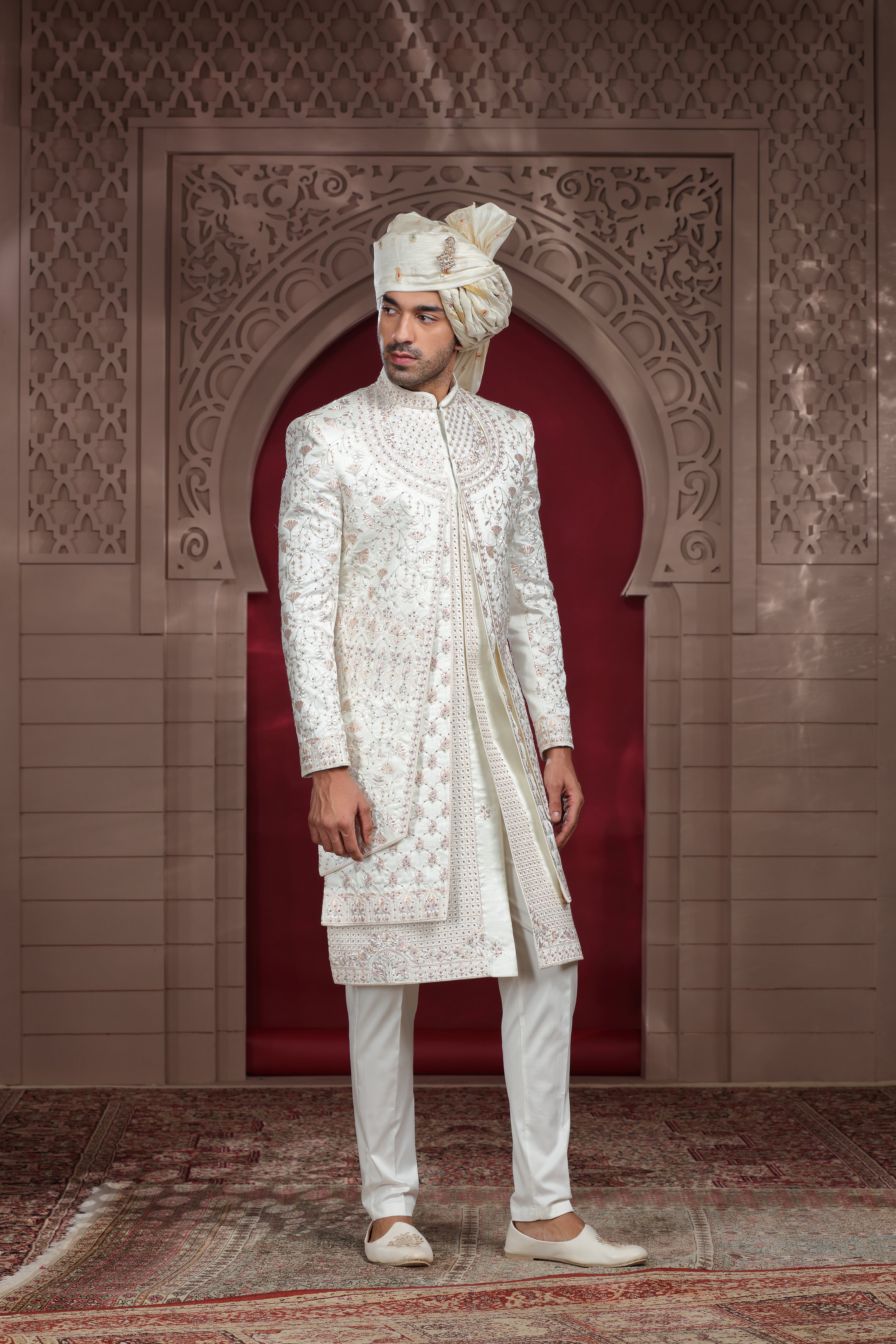 Off White Raw Silk Sherwani with Aari & Bead Work