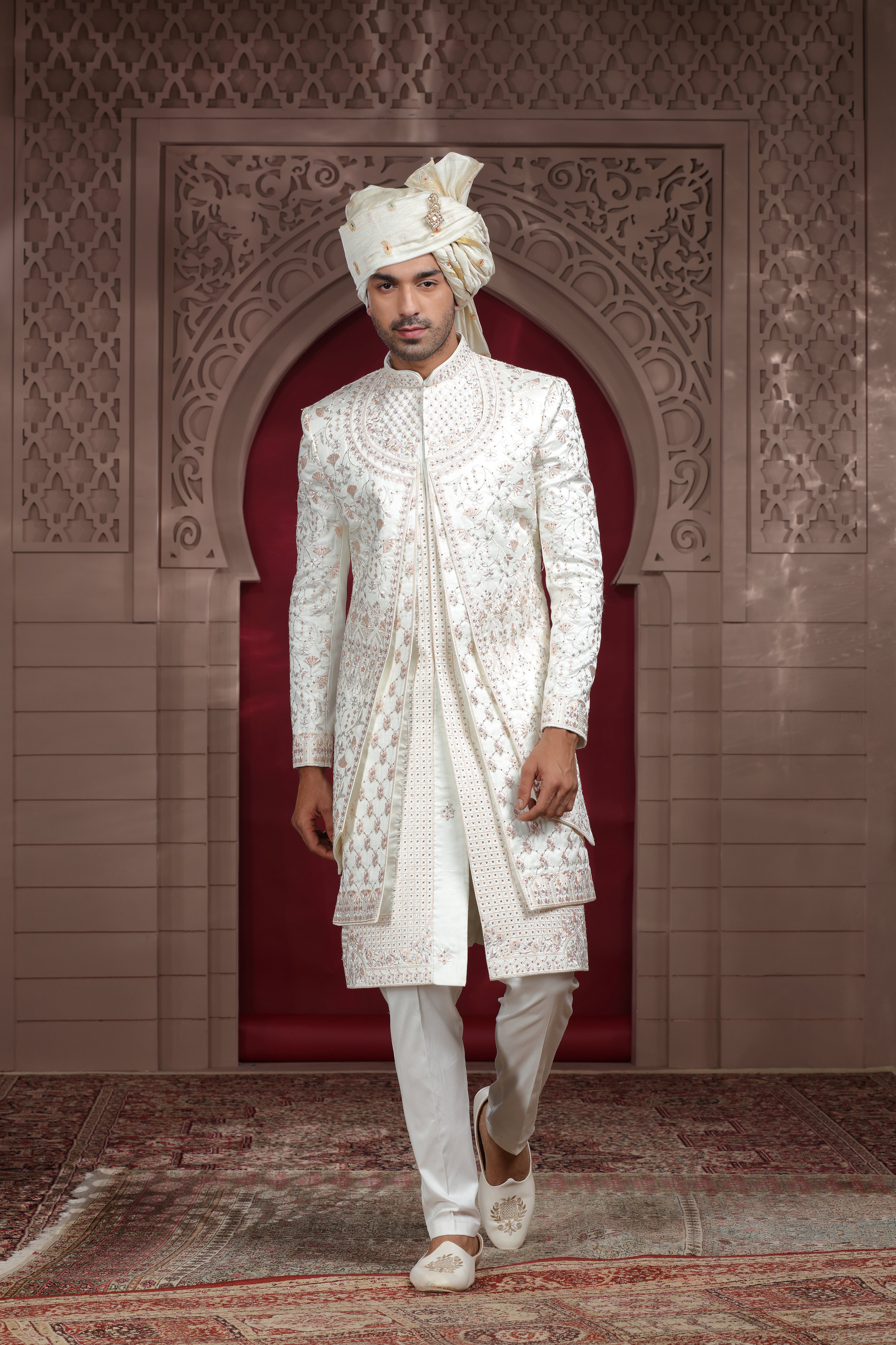 Off White Raw Silk Sherwani with Aari & Bead Work