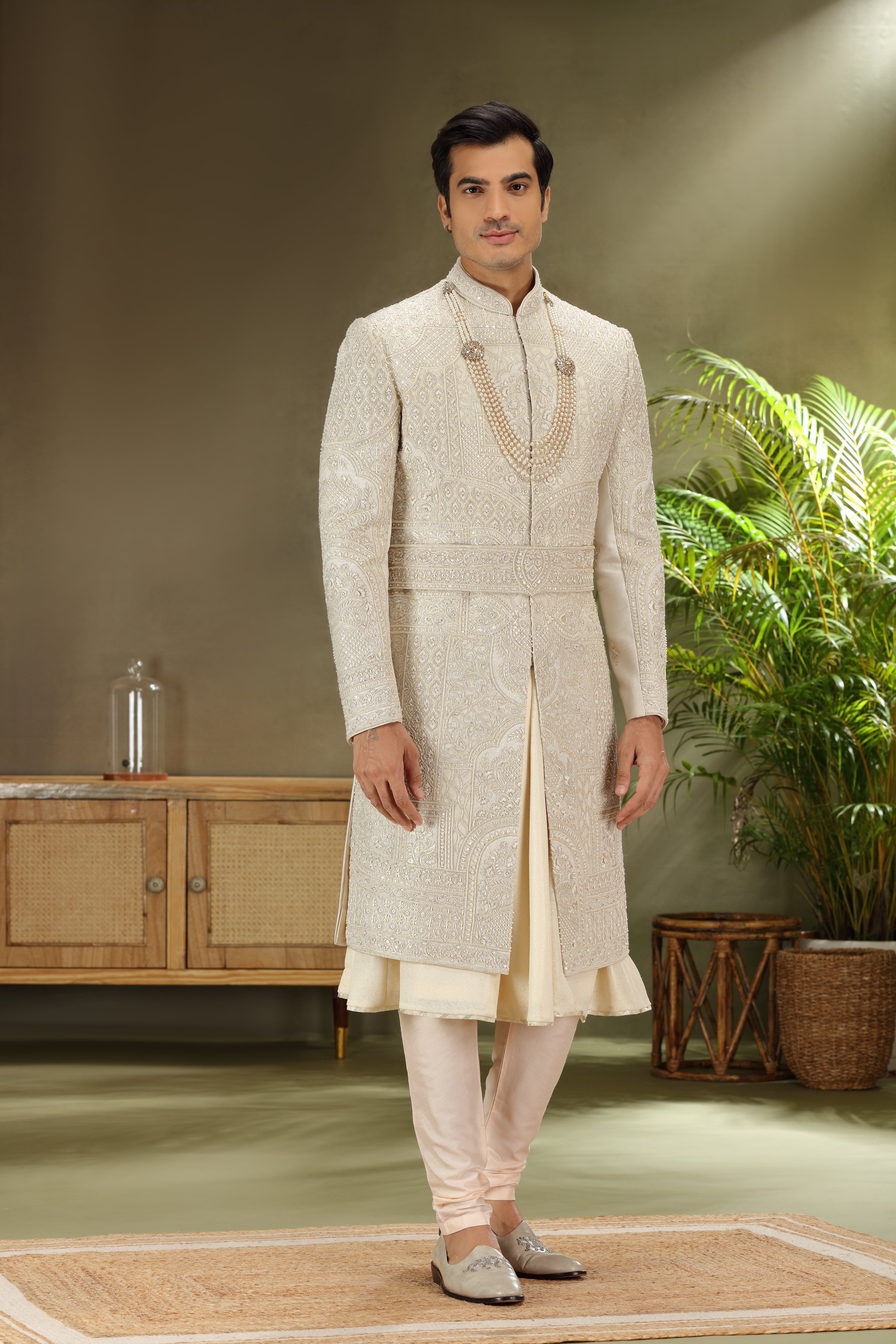 Feon Cream Silk Sherwani with Resham Zardoshi, Pearl Work