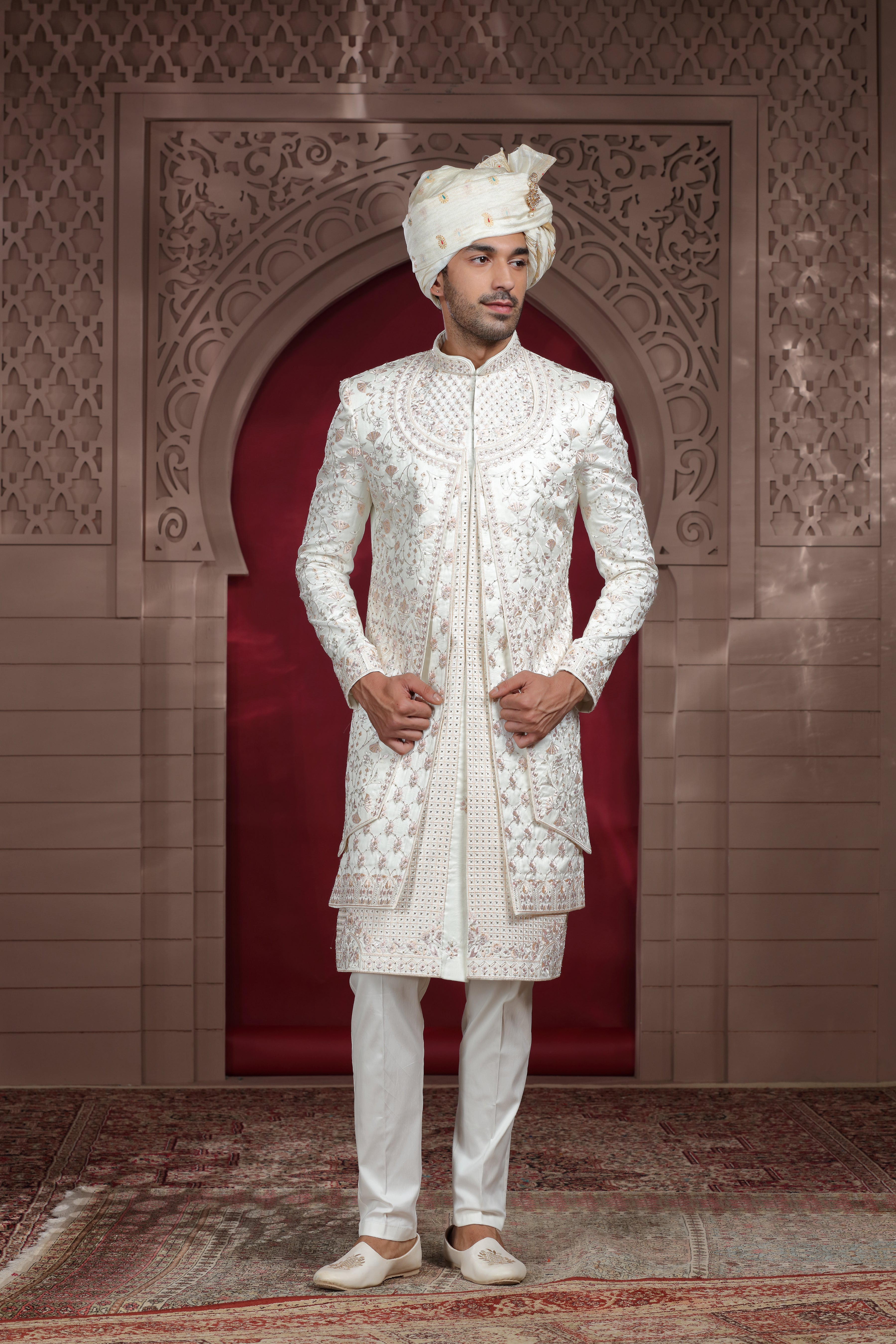 Off White Raw Silk Sherwani with Aari & Bead Work