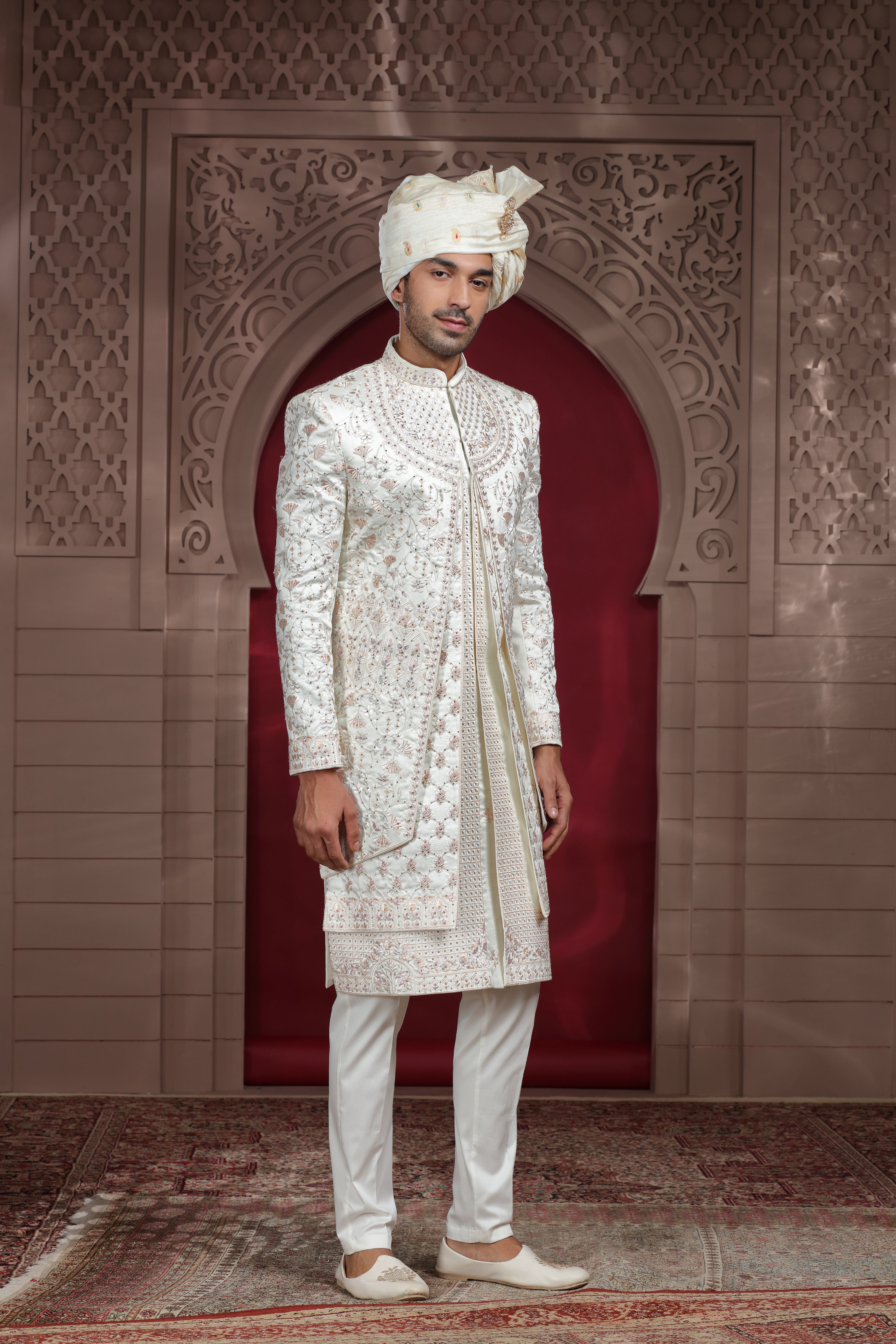 Off White Raw Silk Sherwani with Aari & Bead Work