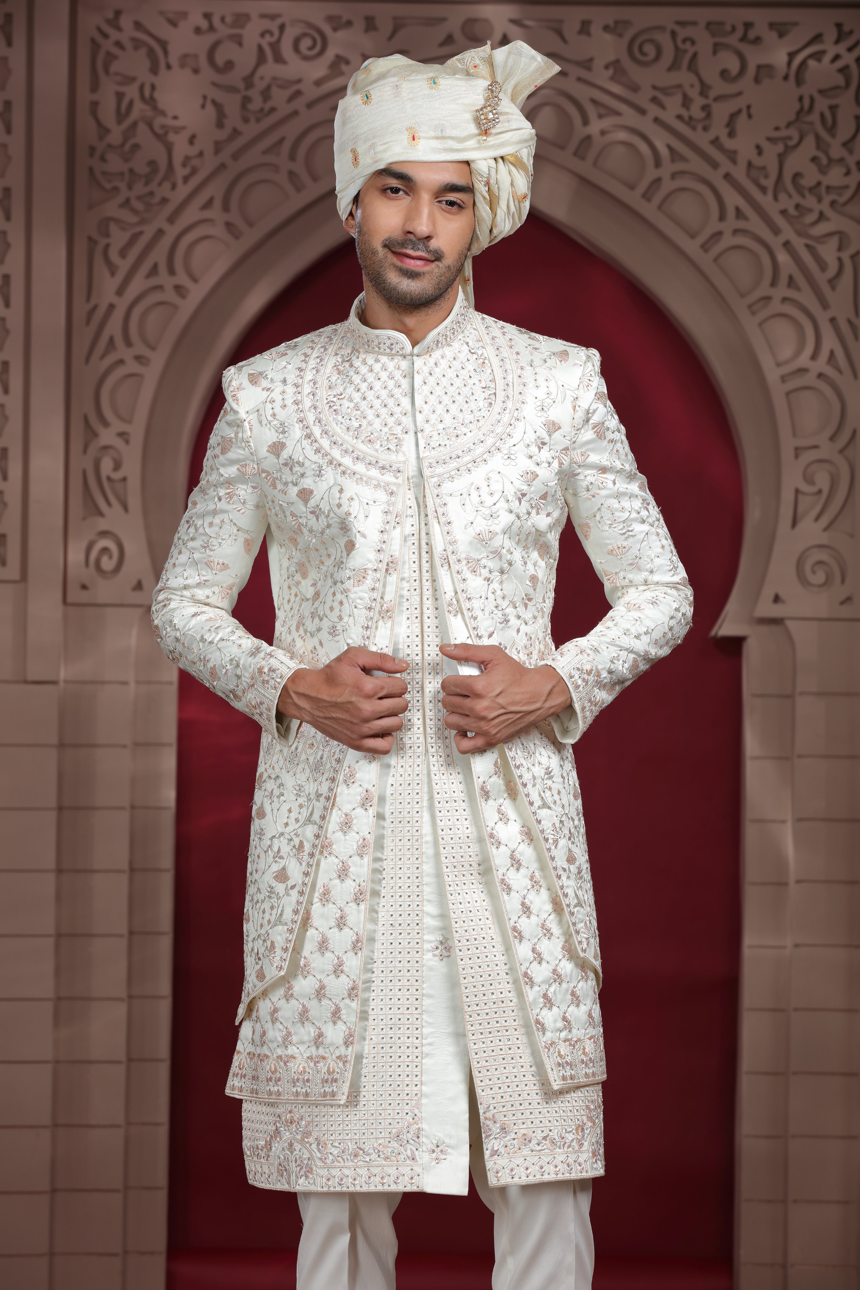 Off White Raw Silk Sherwani with Aari & Bead Work