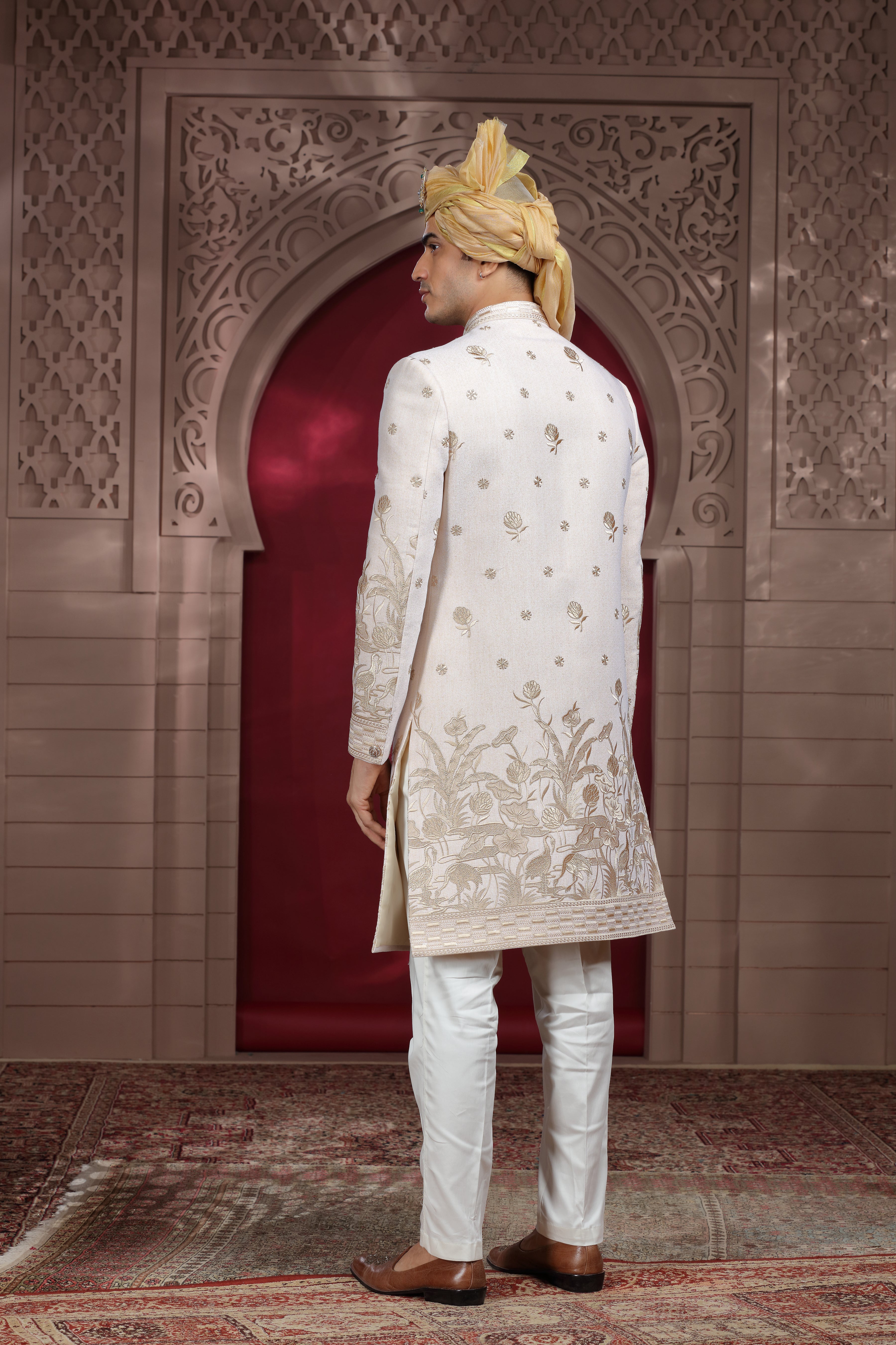 Off White Silk Sherwani with Resham, Aari & Sequence Work