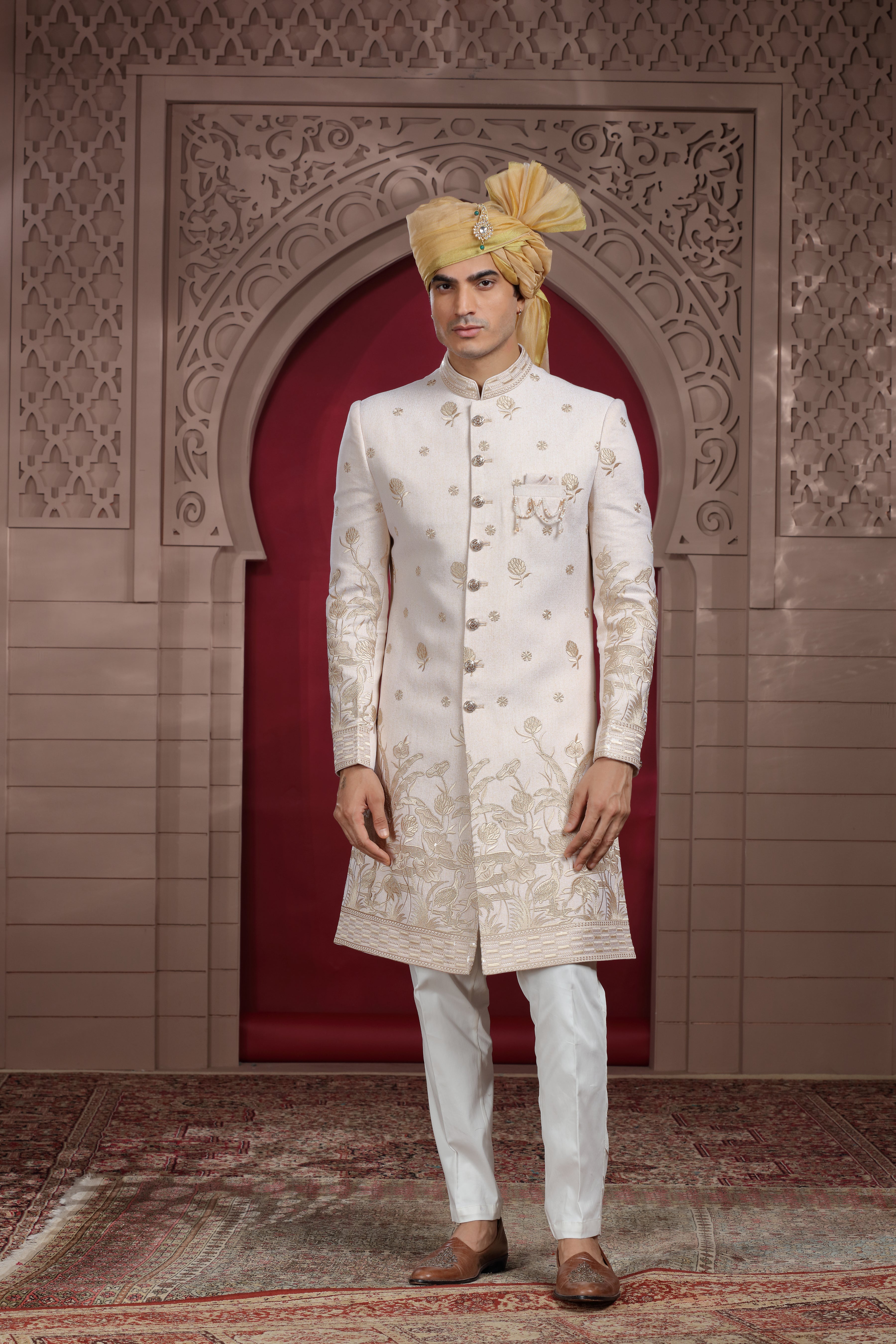 Off White Silk Sherwani with Resham, Aari & Sequence Work