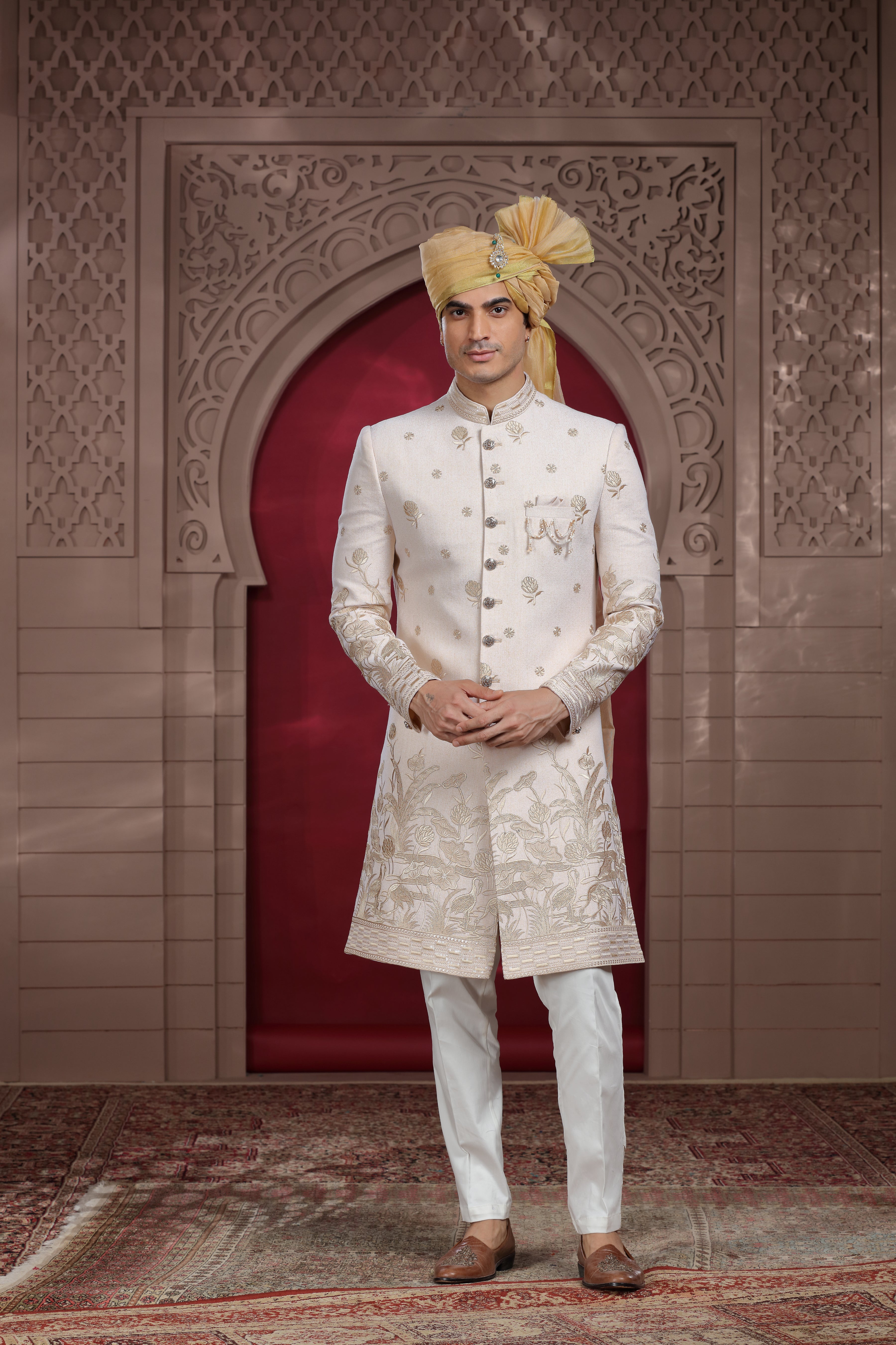 Off White Silk Sherwani with Resham, Aari & Sequence Work