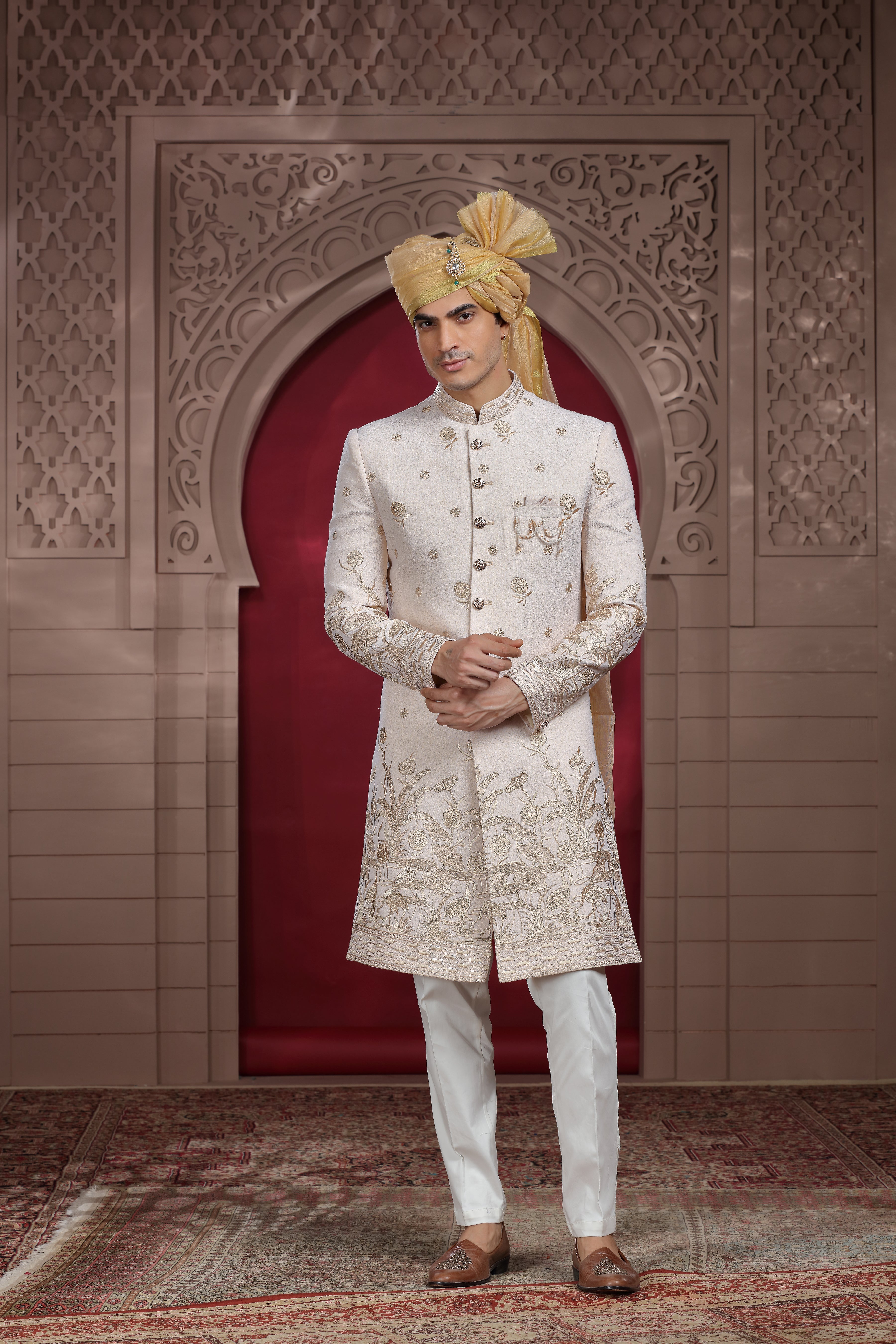 Off White Silk Sherwani with Resham, Aari & Sequence Work