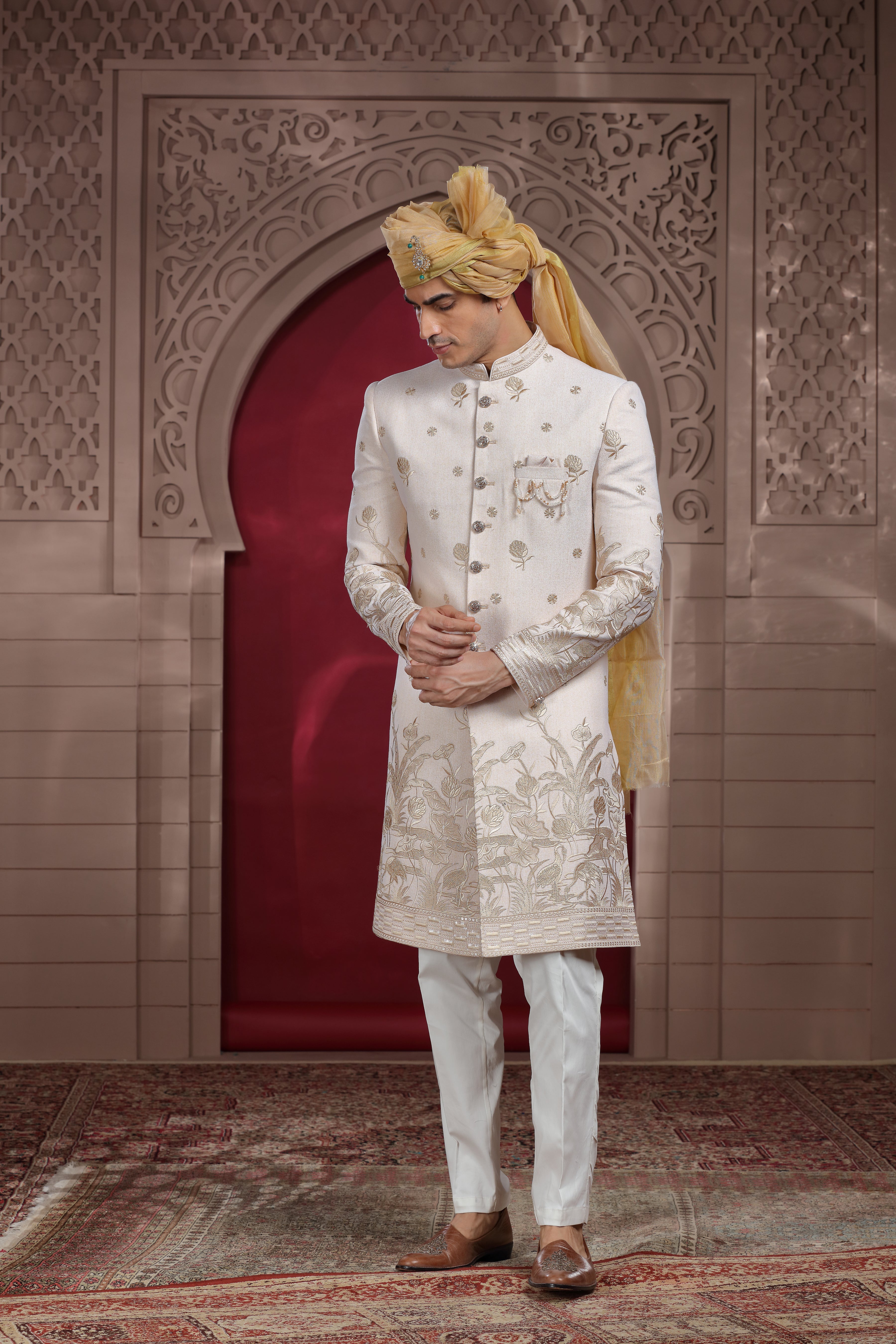 Off White Silk Sherwani with Resham, Aari & Sequence Work