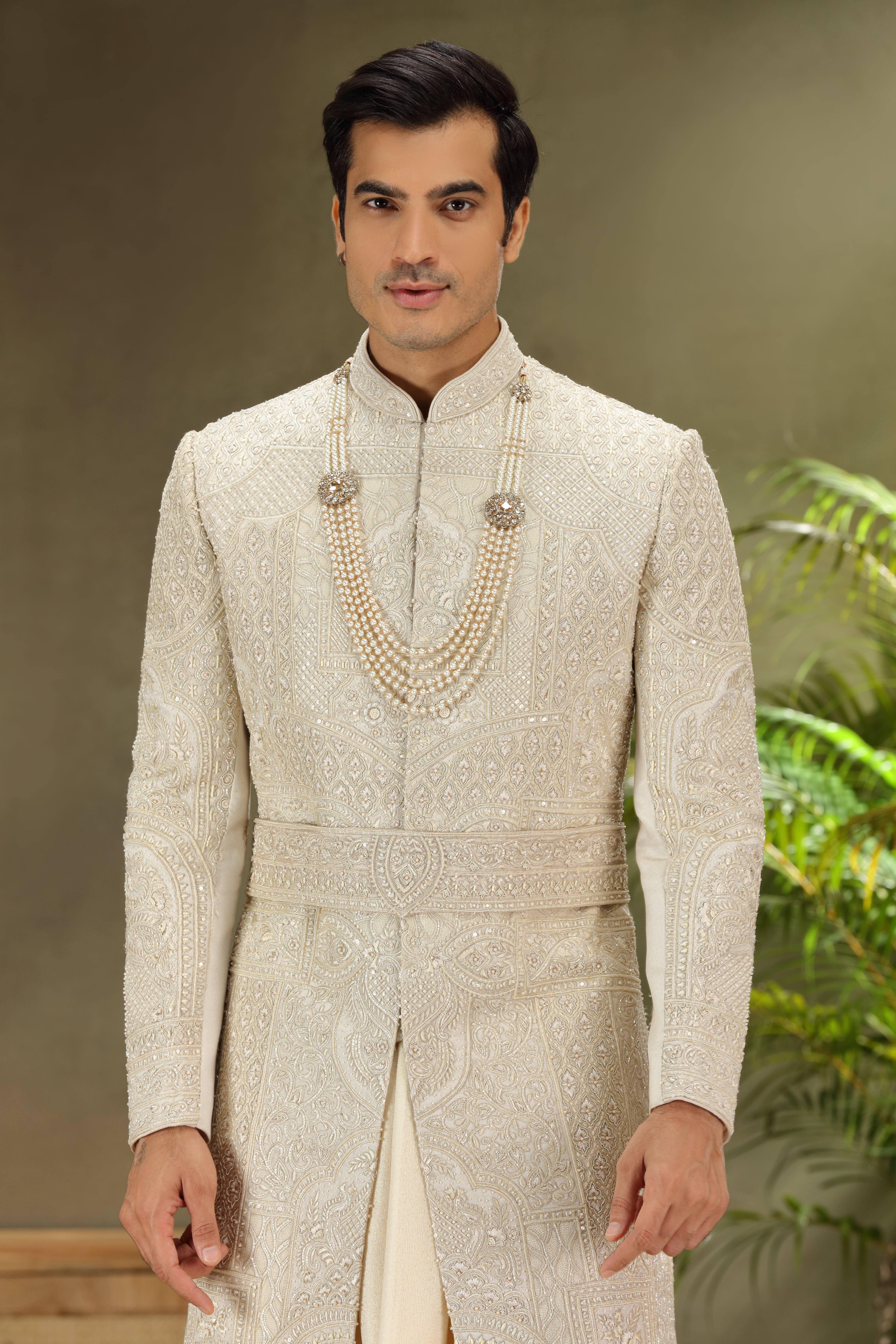 Feon Cream Silk Sherwani with Resham Zardoshi, Pearl Work