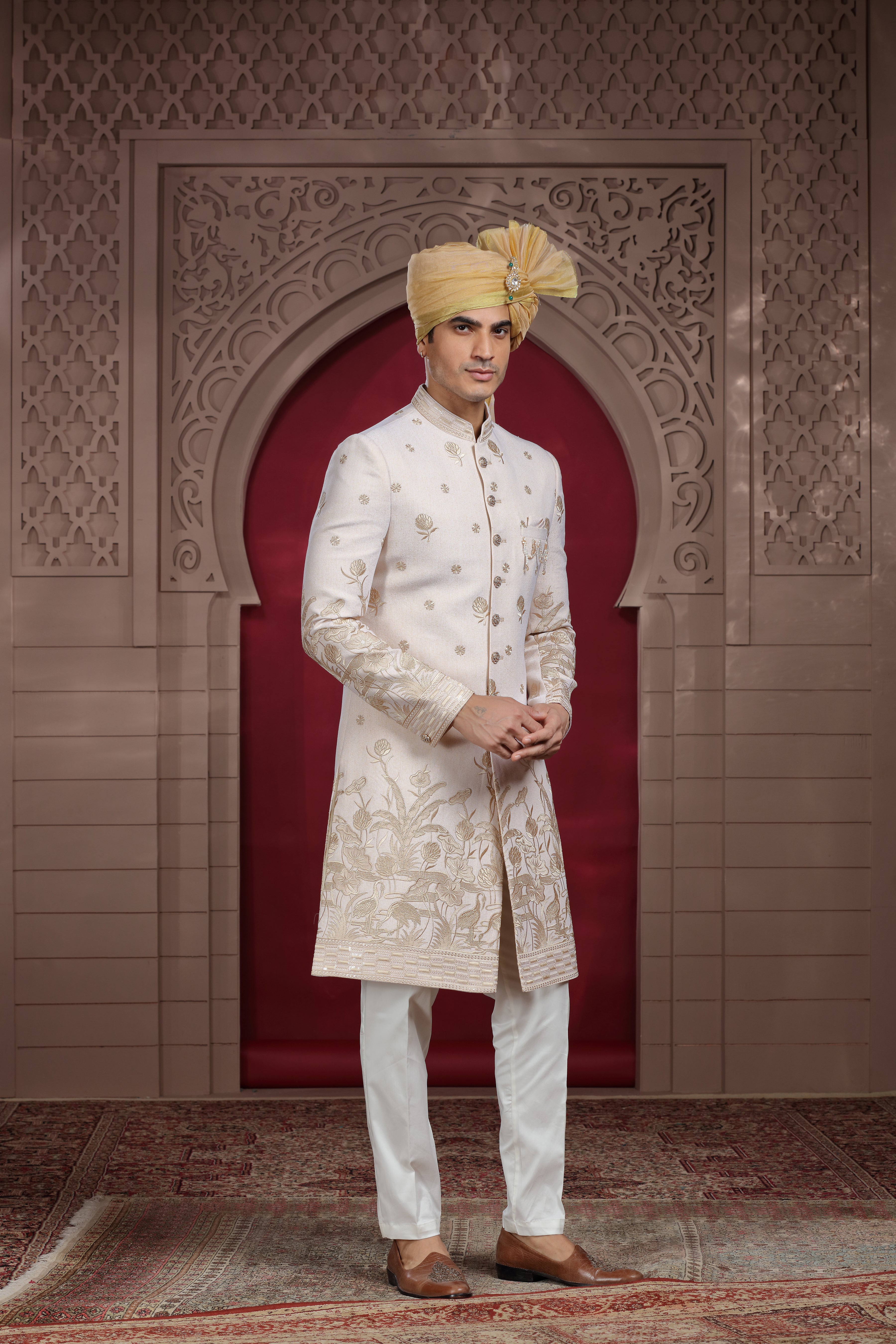 Off White Silk Sherwani with Resham, Aari & Sequence Work