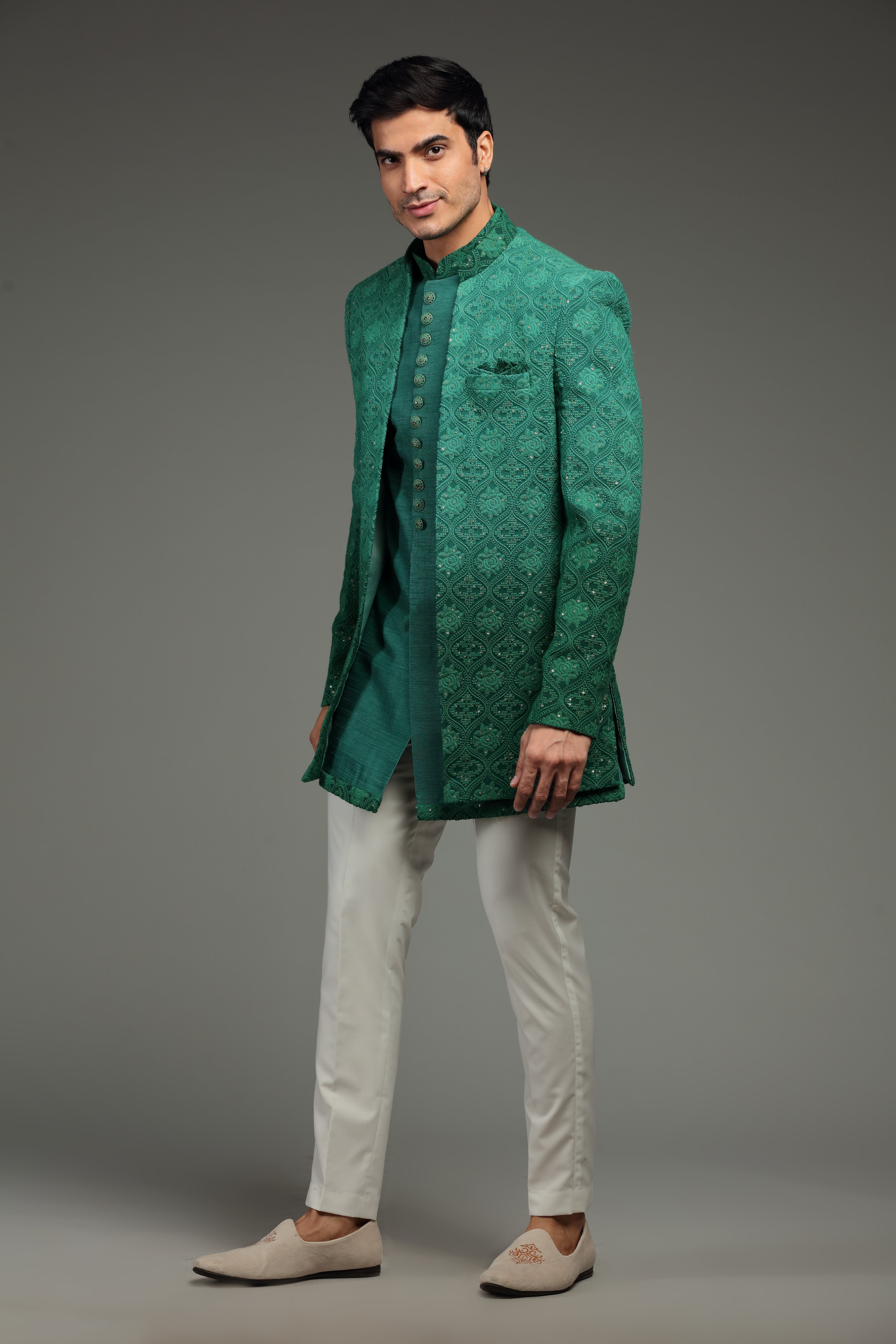 Green Ombre Silk Jacket Set With Traditional Motifs - Shreeman