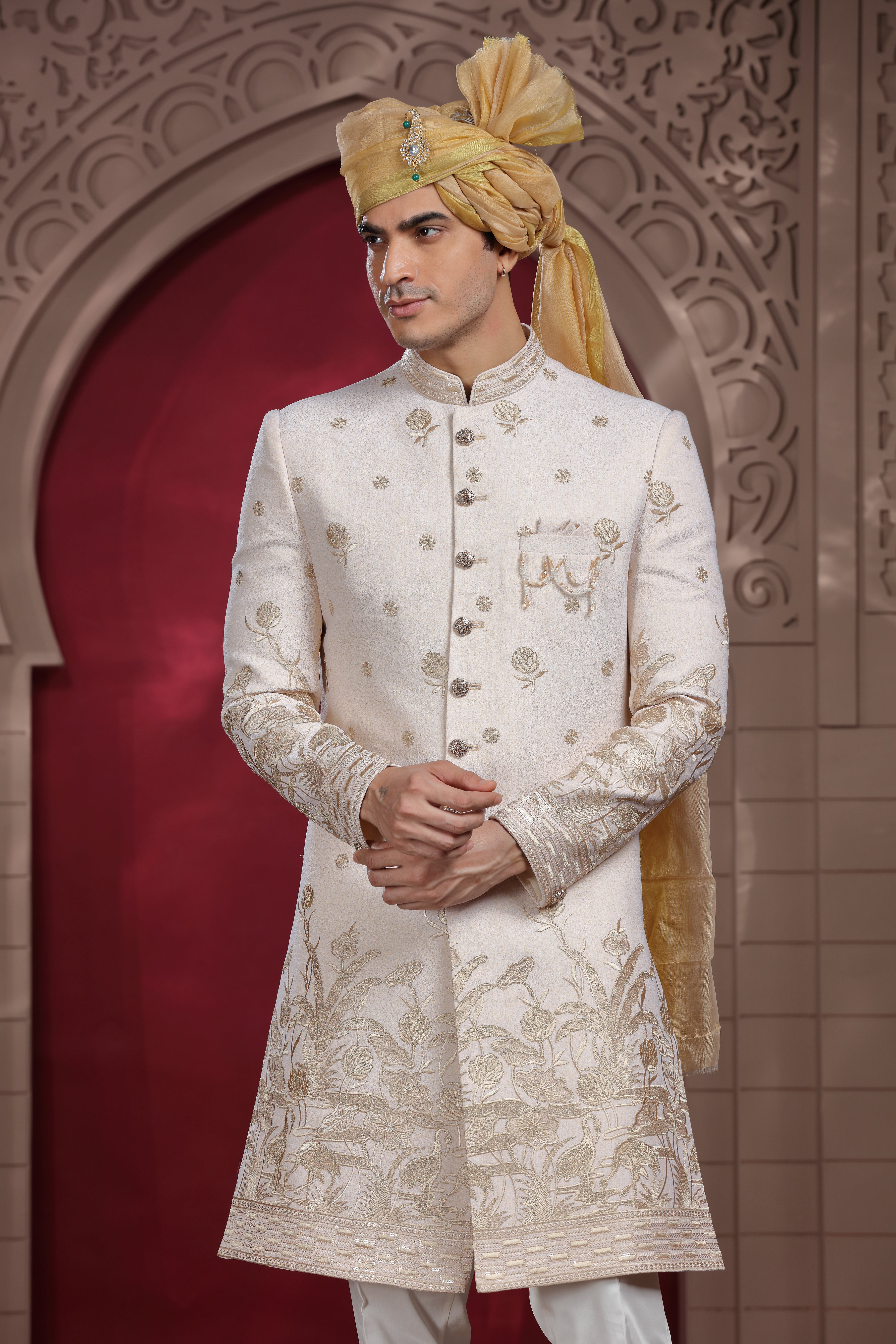 Off White Silk Sherwani with Resham, Aari & Sequence Work