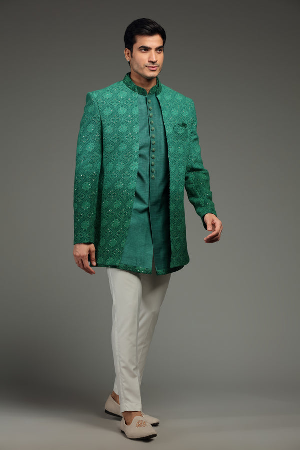 Green Ombre Silk Jacket Set With Traditional Motifs