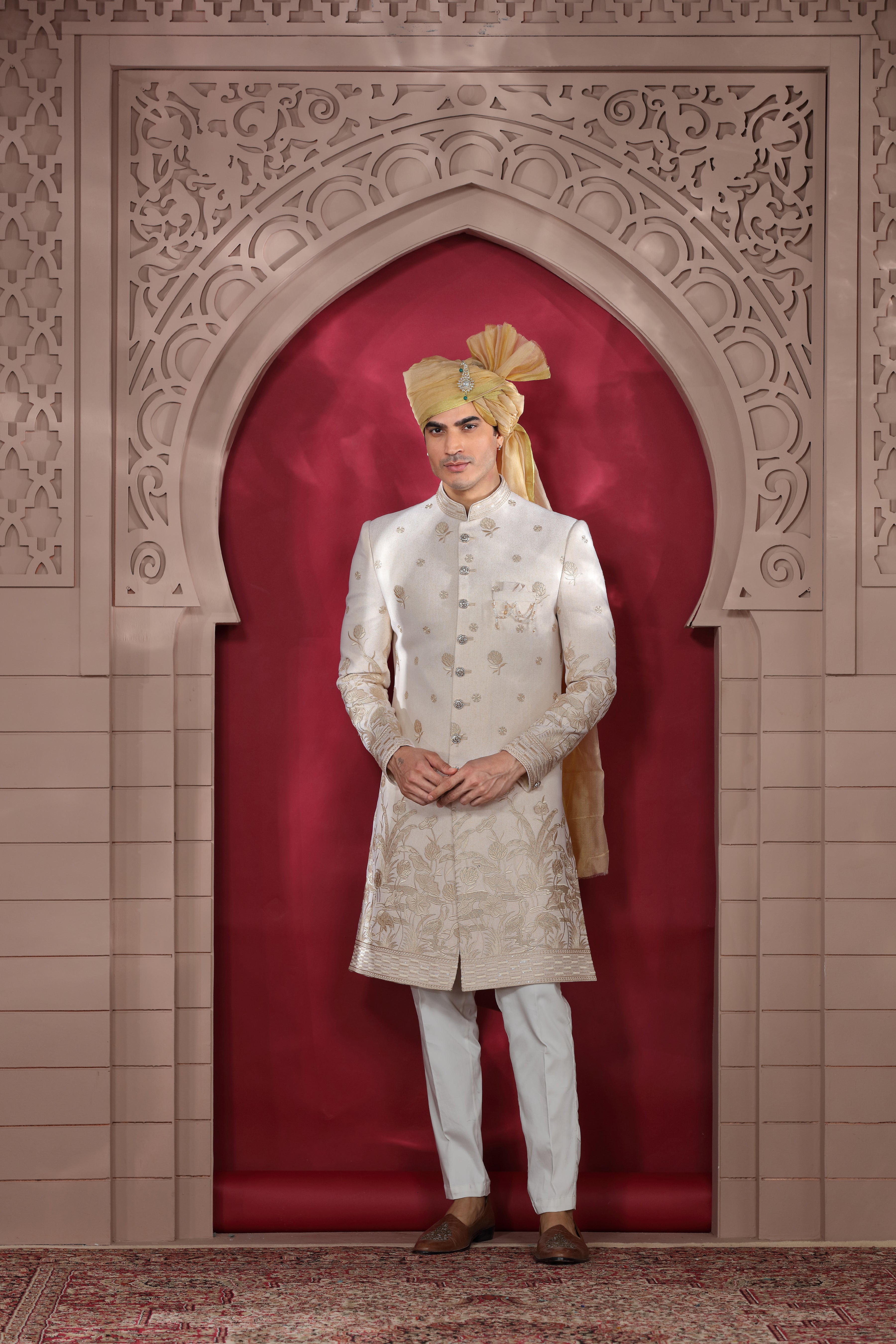 Off White Silk Sherwani with Resham, Aari & Sequence Work