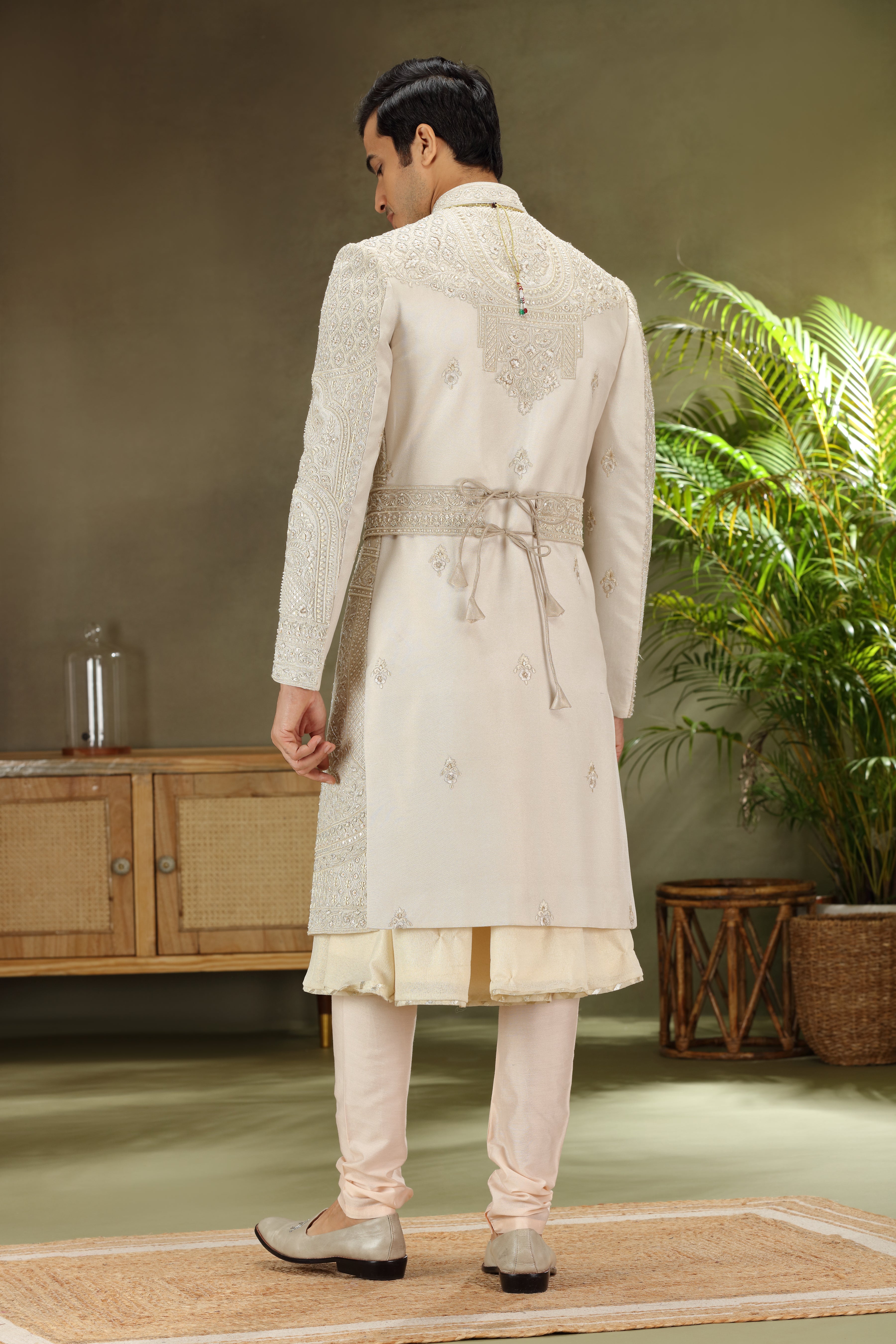 Feon Cream Silk Sherwani with Resham Zardoshi, Pearl Work