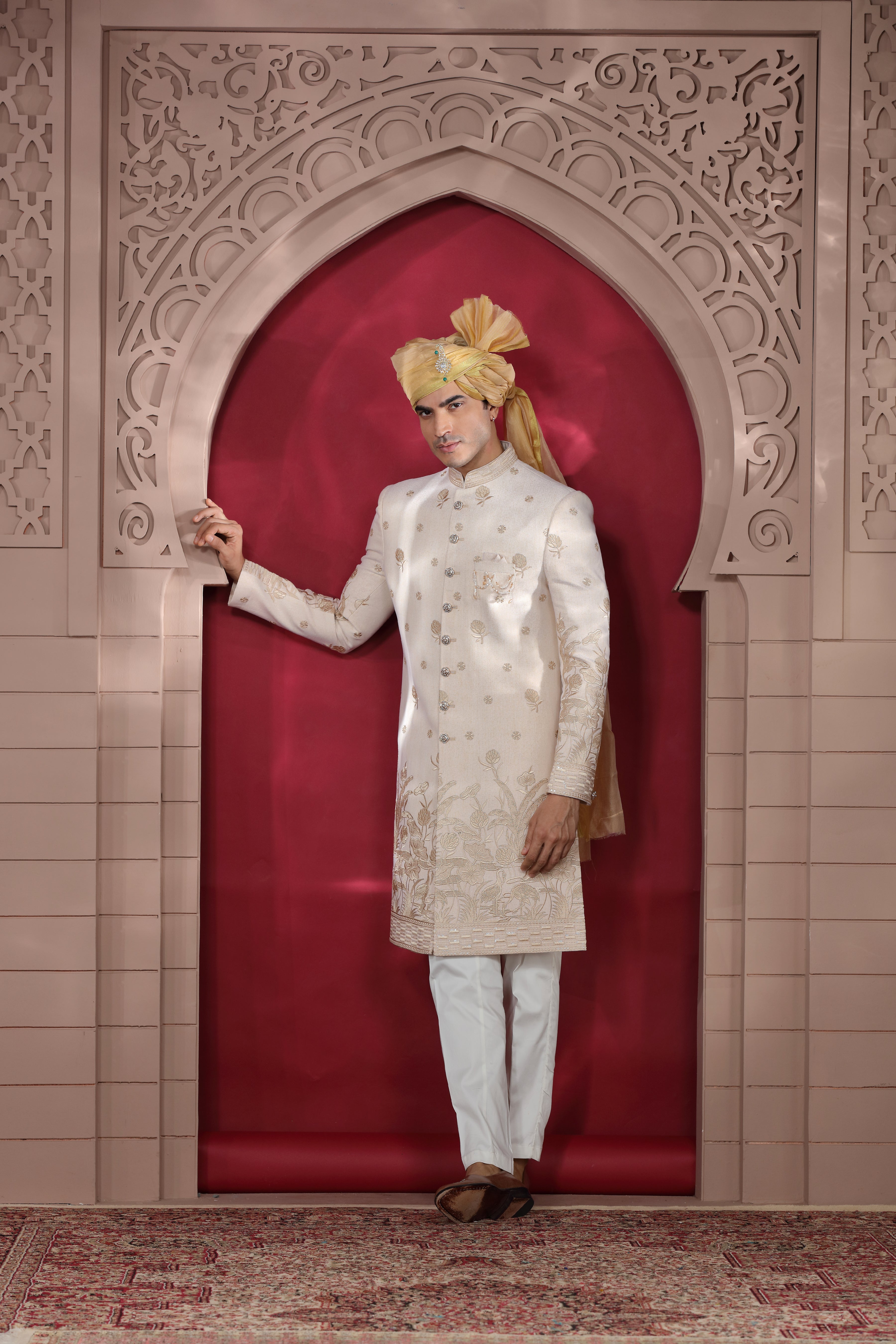 Off White Silk Sherwani with Resham, Aari & Sequence Work