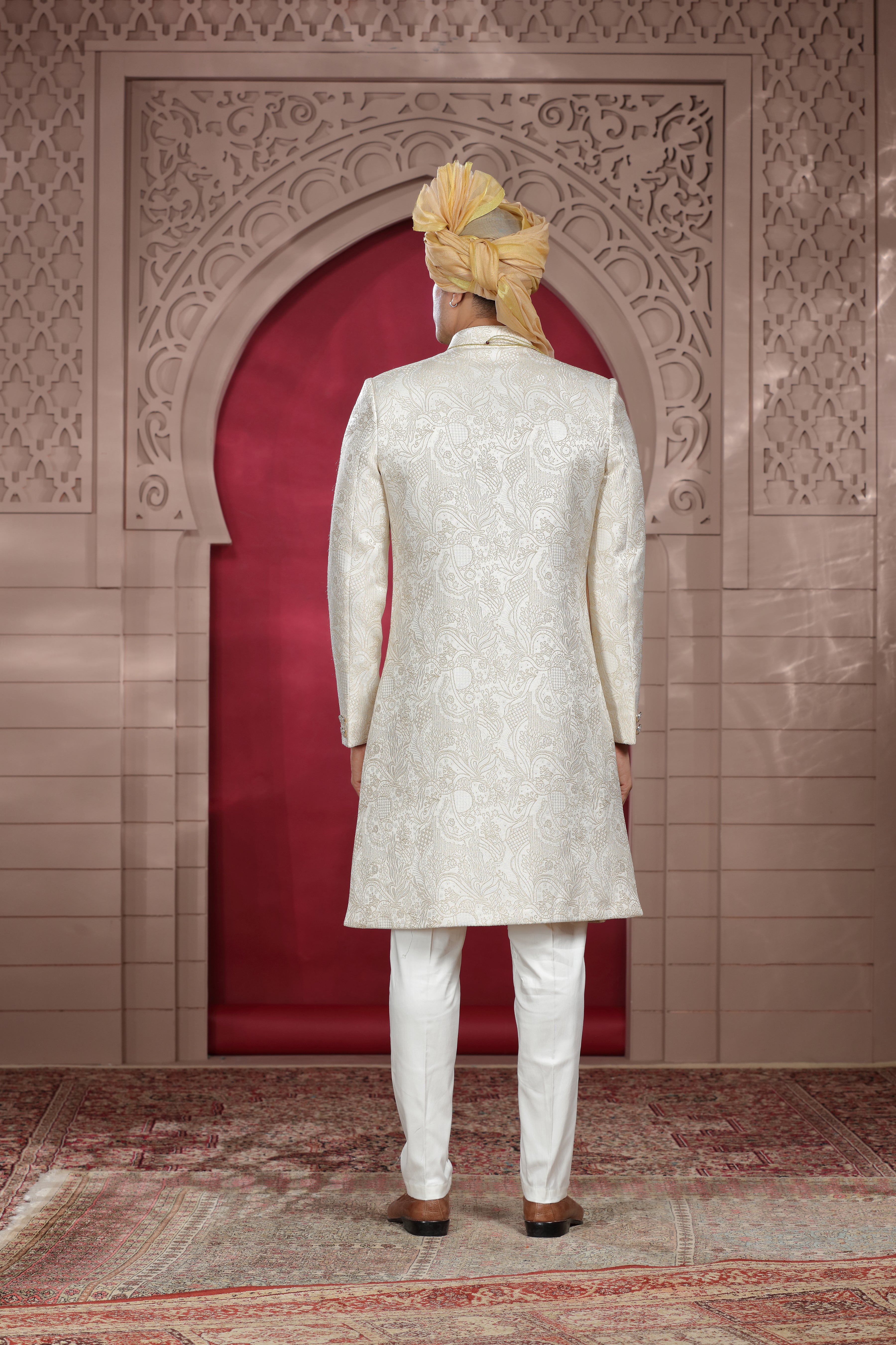 Off White Raw Silk Sherwani with Aari Work & Pearl Buttons