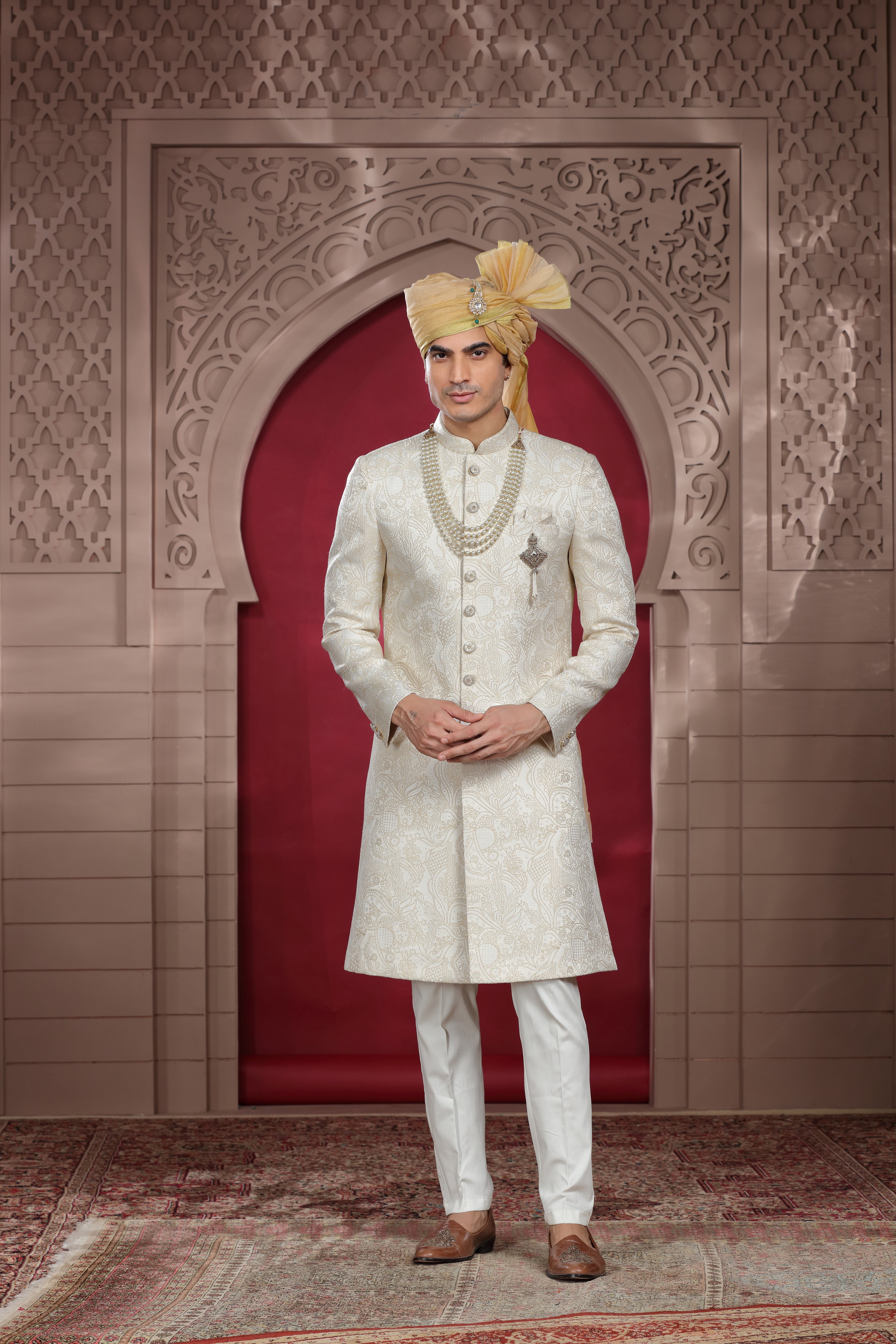 Off White Raw Silk Sherwani with Aari Work & Pearl Buttons