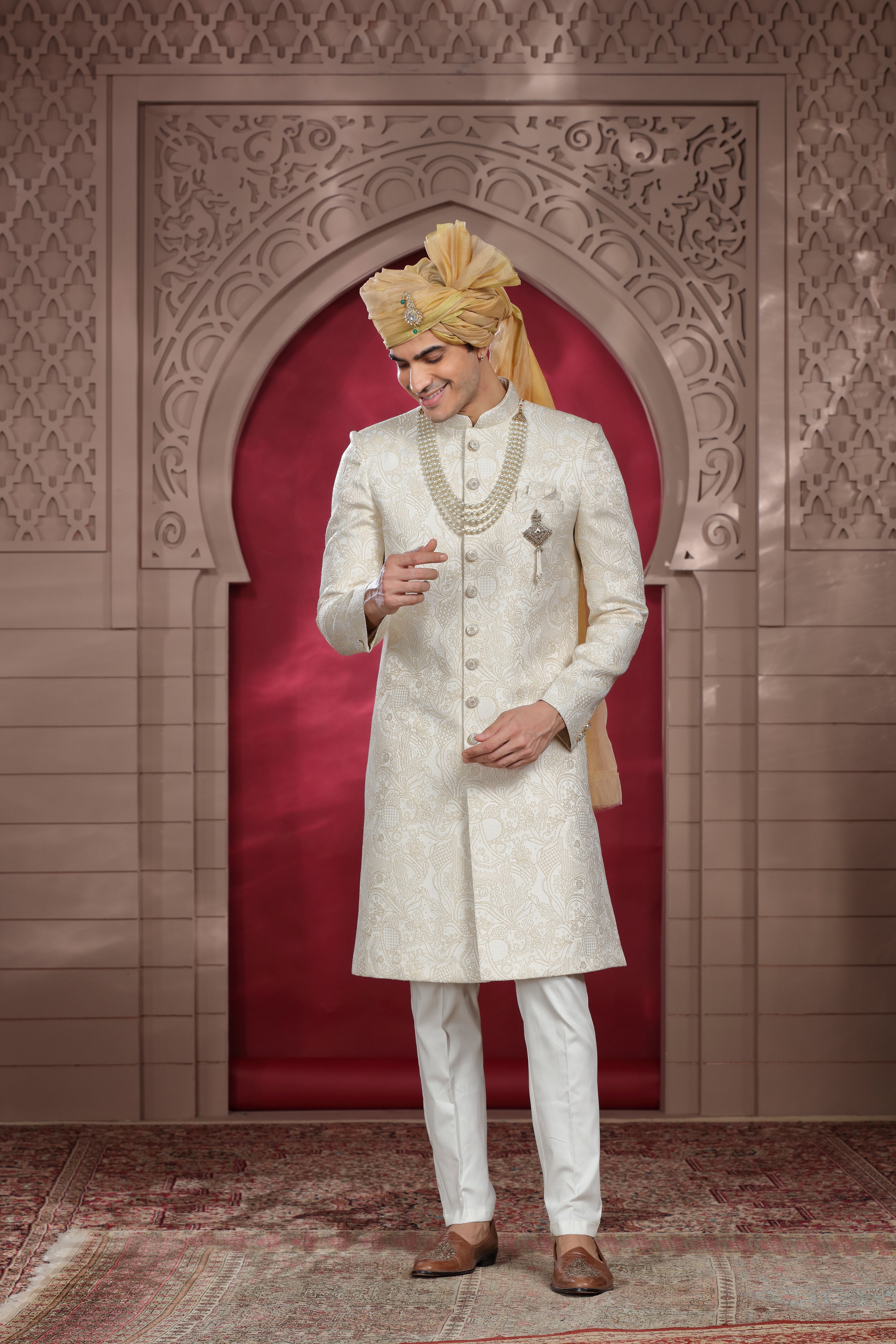 Off White Raw Silk Sherwani with Aari Work & Pearl Buttons