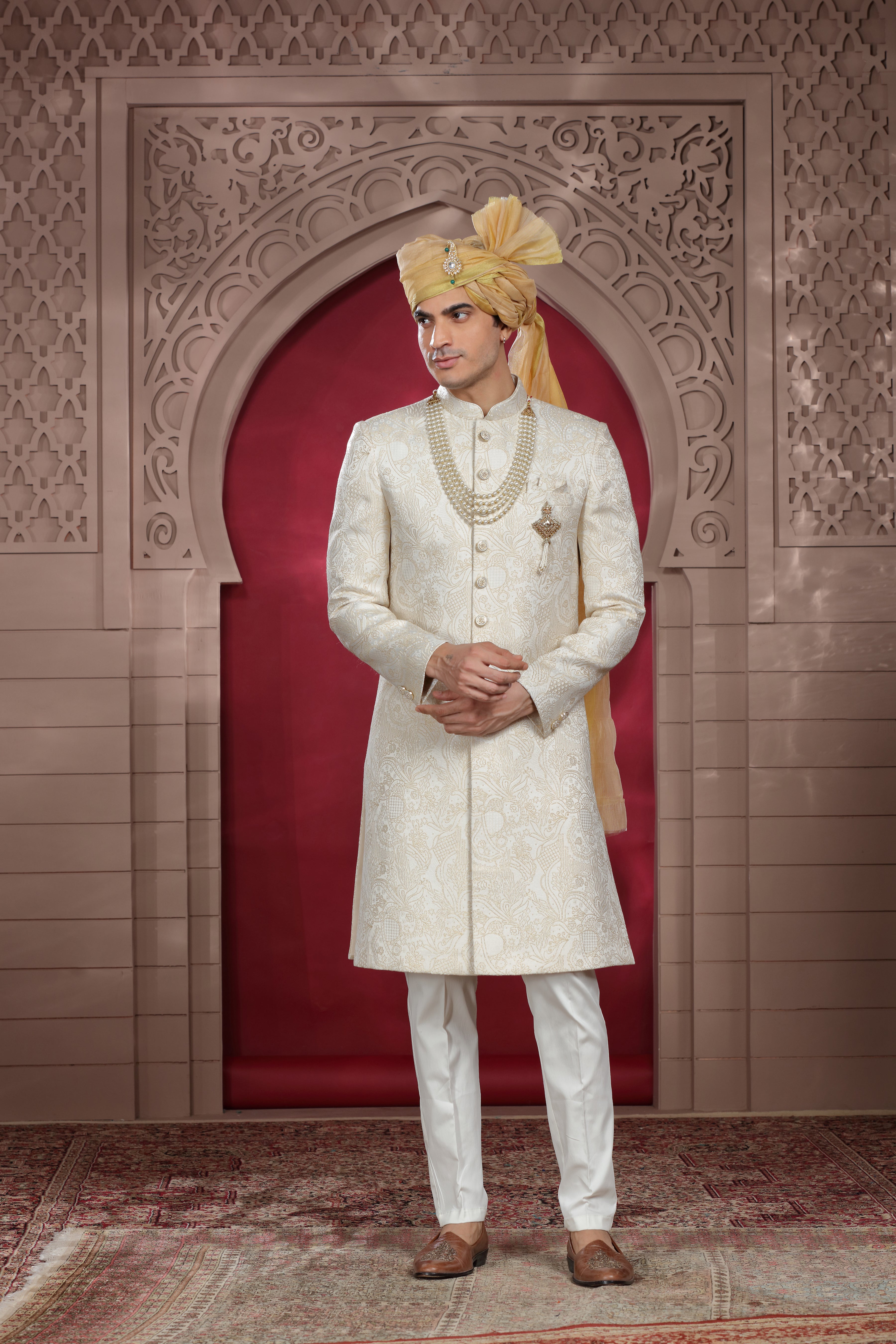 Off White Raw Silk Sherwani with Aari Work & Pearl Buttons