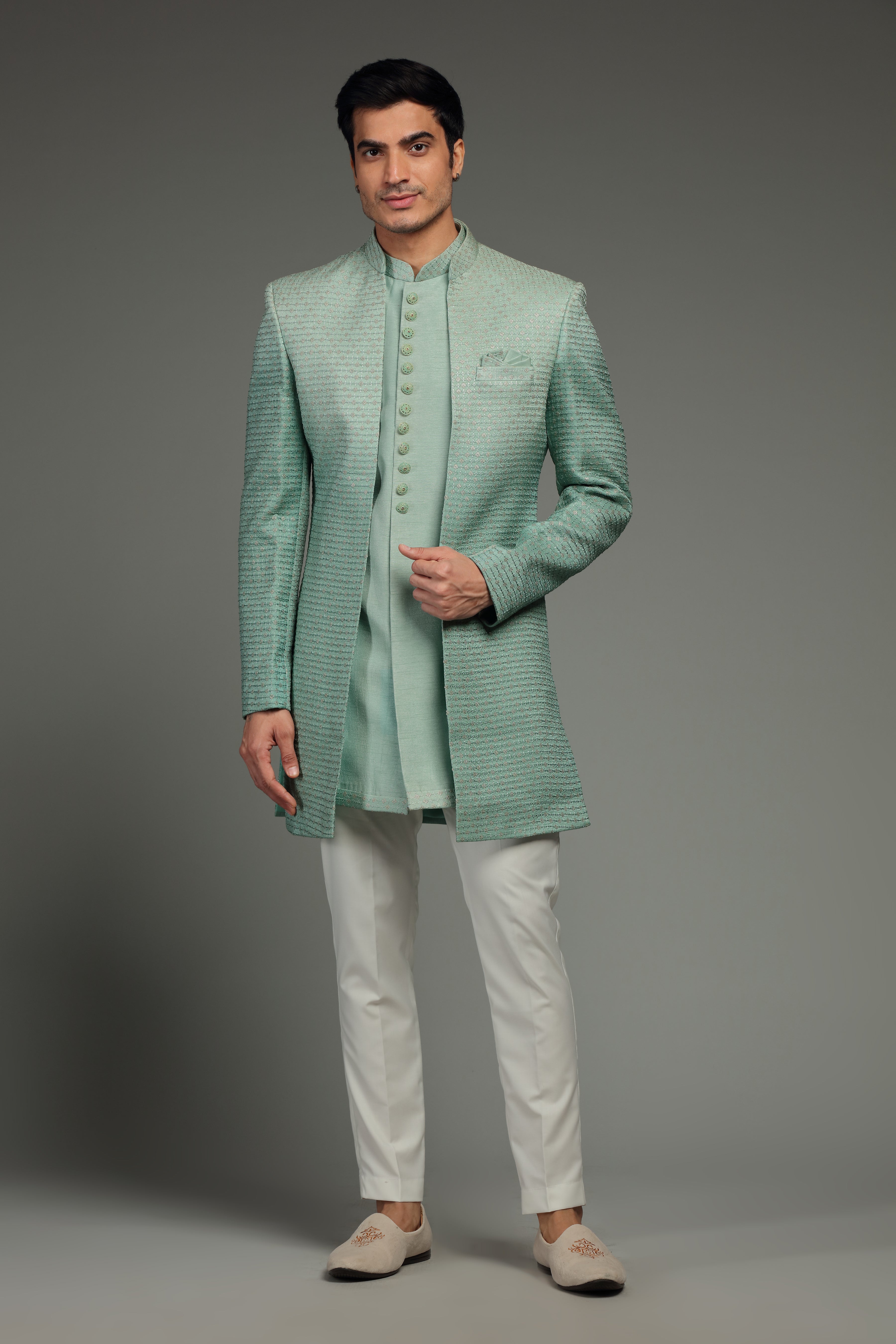 Pastel Green Silk Jacket Set With Resham & Sequin - Shreeman
