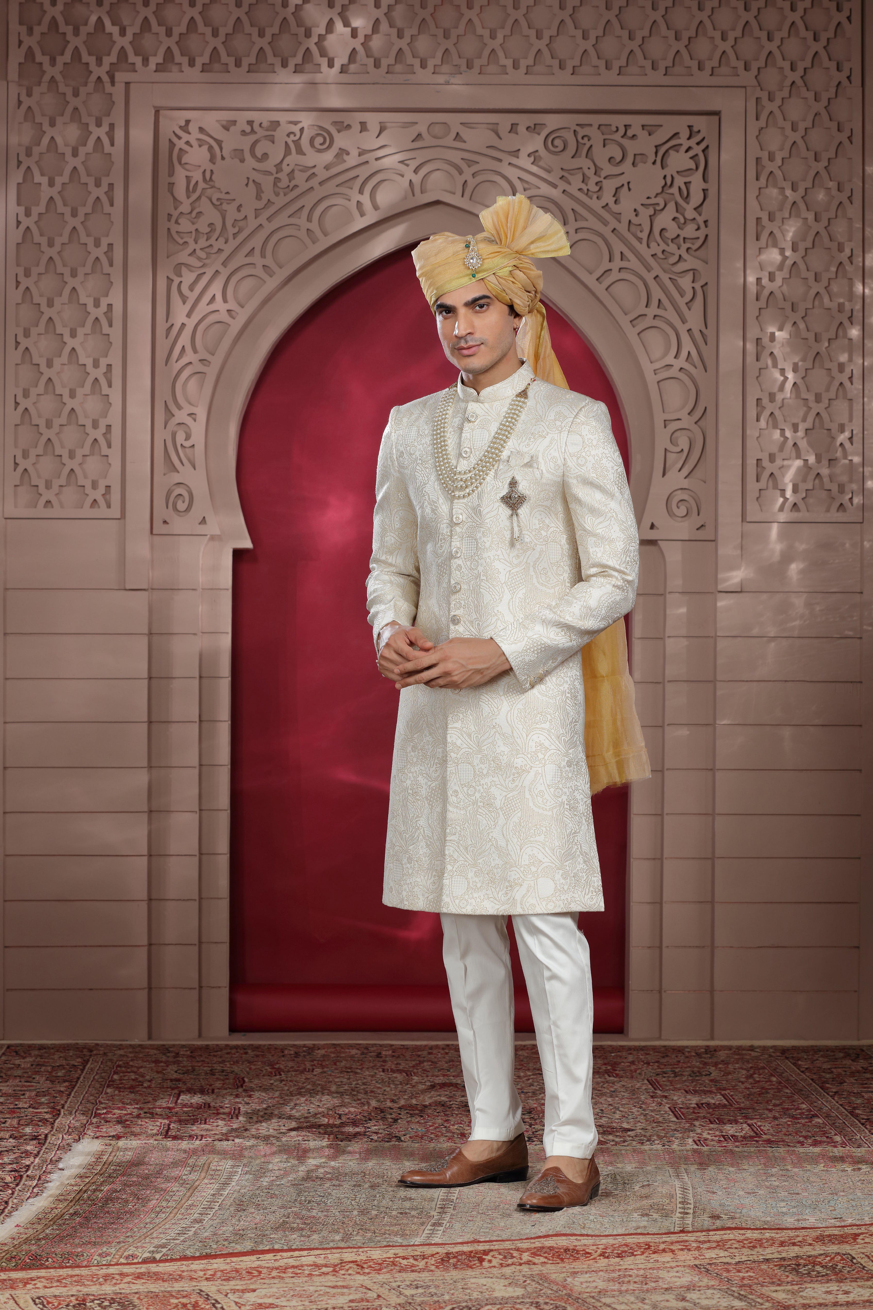 Off White Raw Silk Sherwani with Aari Work & Pearl Buttons