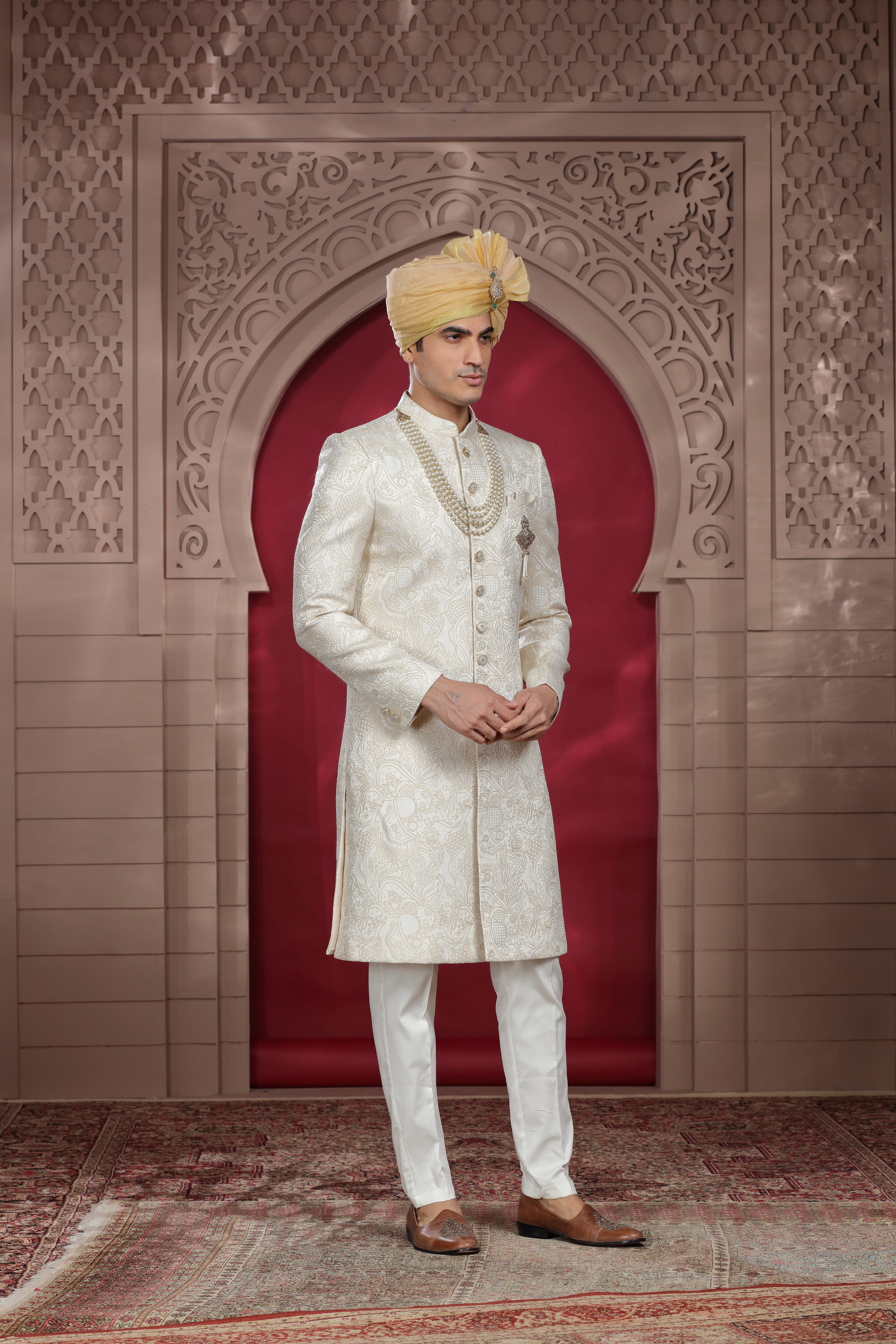 Off White Raw Silk Sherwani with Aari Work & Pearl Buttons